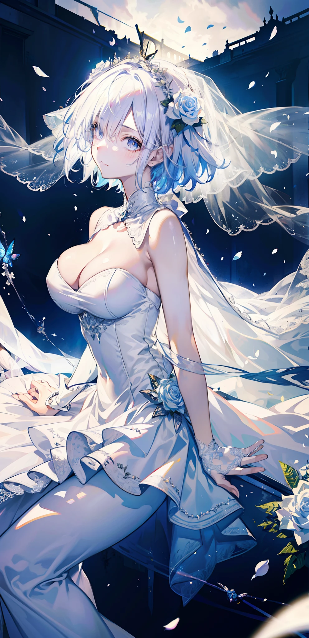 silber hair,butterflys,long whitr hair,white wedding gown,8k wallpaper,detailedbackground,Highest high resolution,deep v big breasts,Hair covers one eye,Bandeau wedding dress,chies,White rose,tight-fitting,