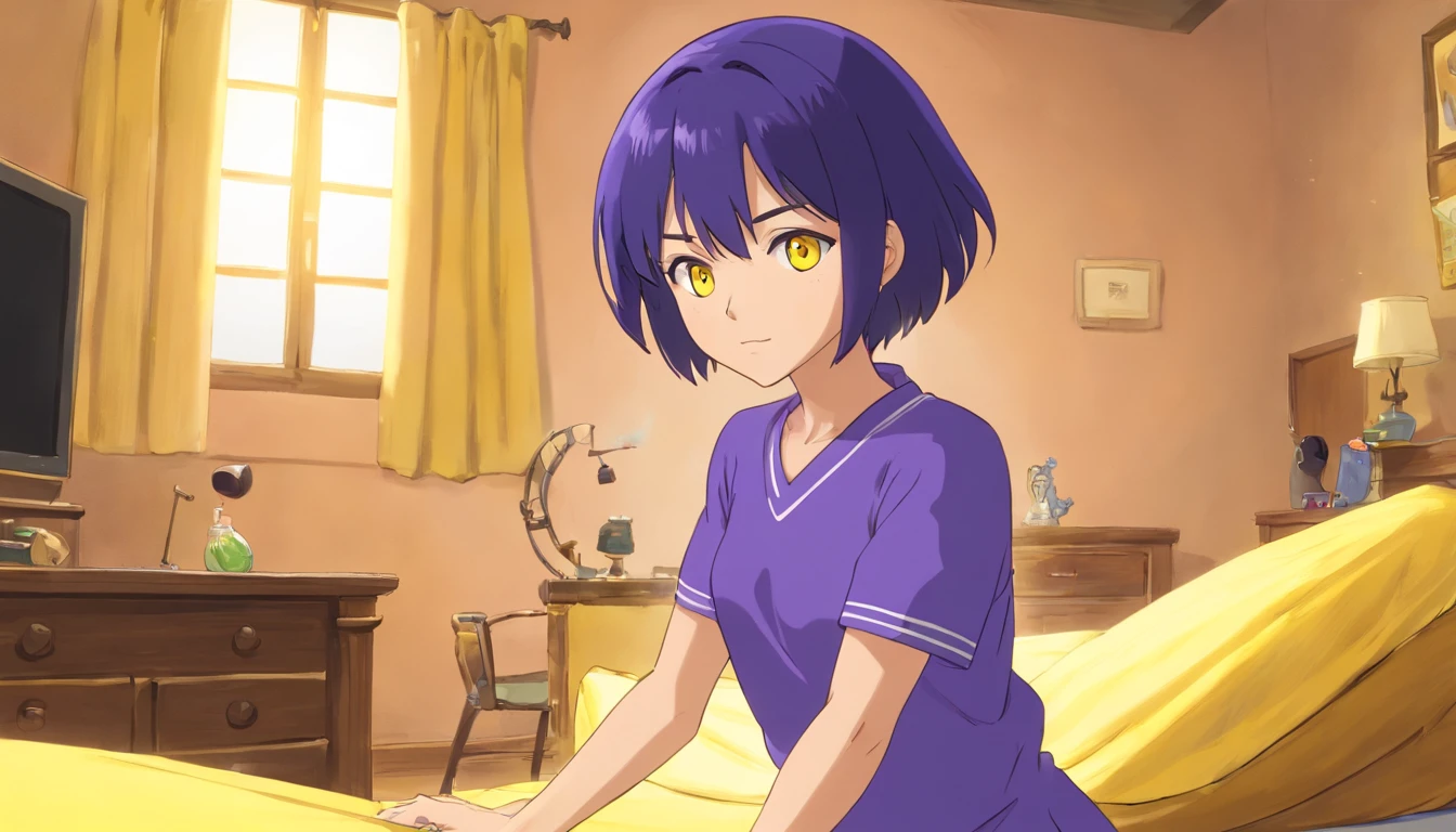 tomboy girl, short blue almost black hair, dressed like a cleaning lady, all purple body, yellow eyes, full body, looking at the viewer, in the bedroom of a suite, medium breasts, medium body, medium hips, medium ass, flowing hair, face defined, muscular