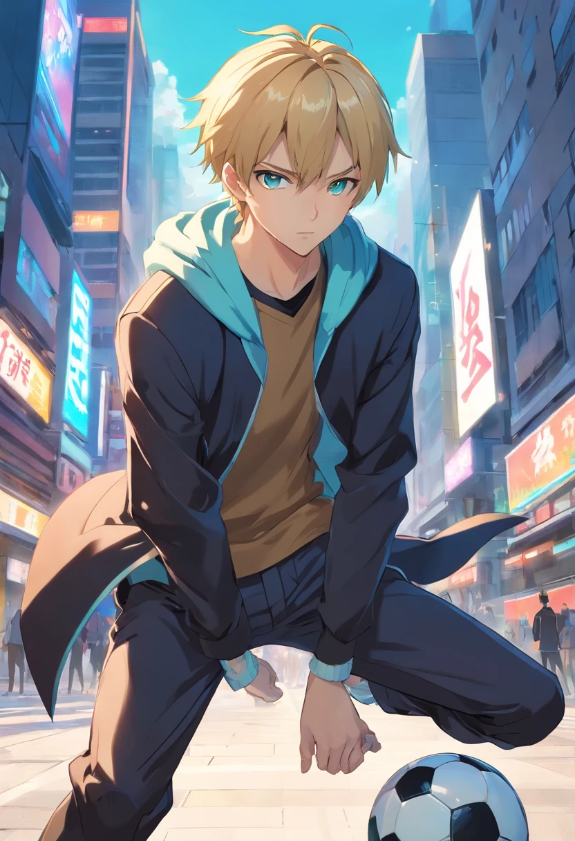 Young man of 17 years old with brown hair, blonde man, Ponytail hairstyle Shaved hair on the temples of the head, hair ponytail, Cyan eyes, Black Apocalypse Blouse, black coat, Long grey trousers with a tired and angry look, relaxed pose, Holding a futuristic soccer ball, Light gold city background