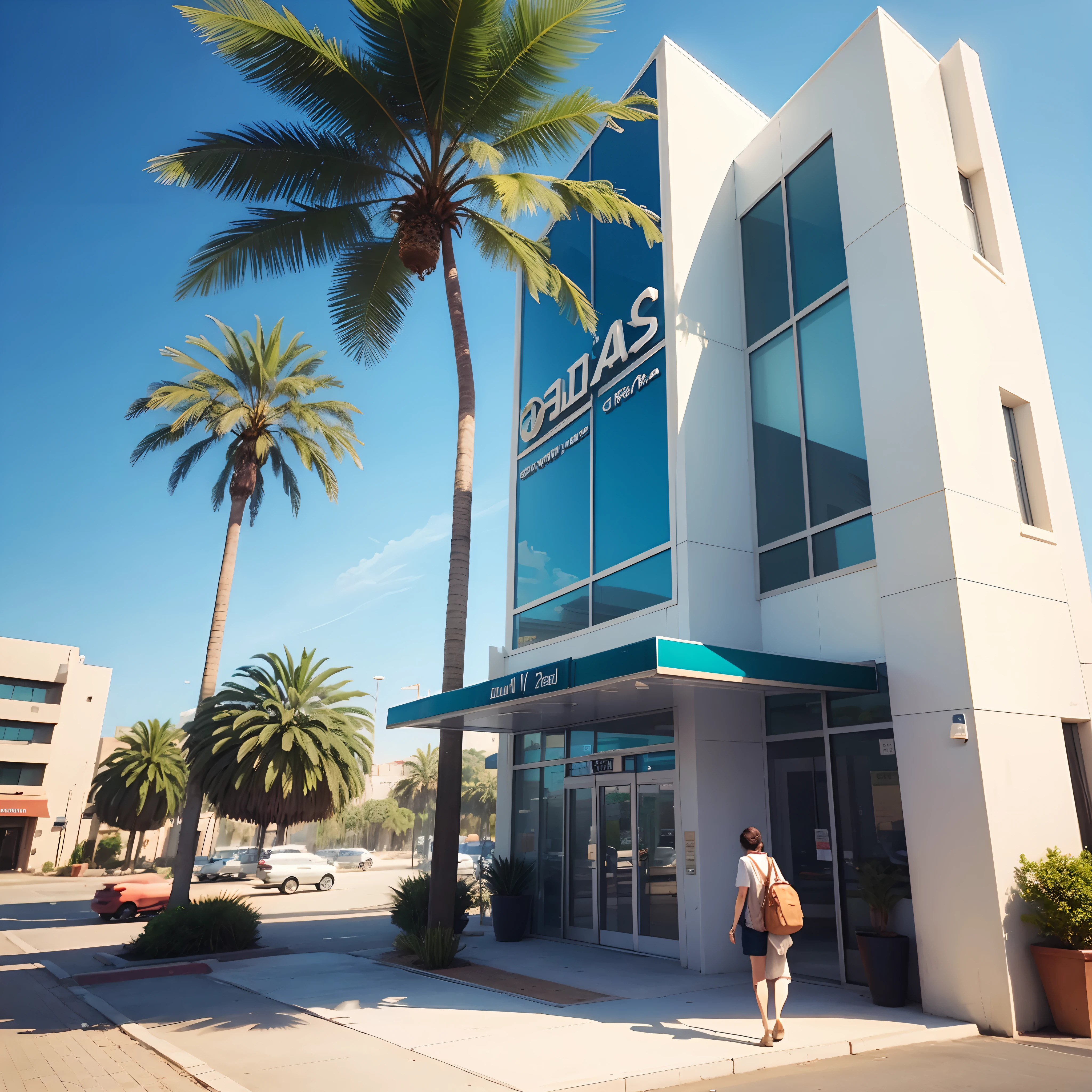 Travel agency,, an oasis,,modern building, Large Sign, with title.