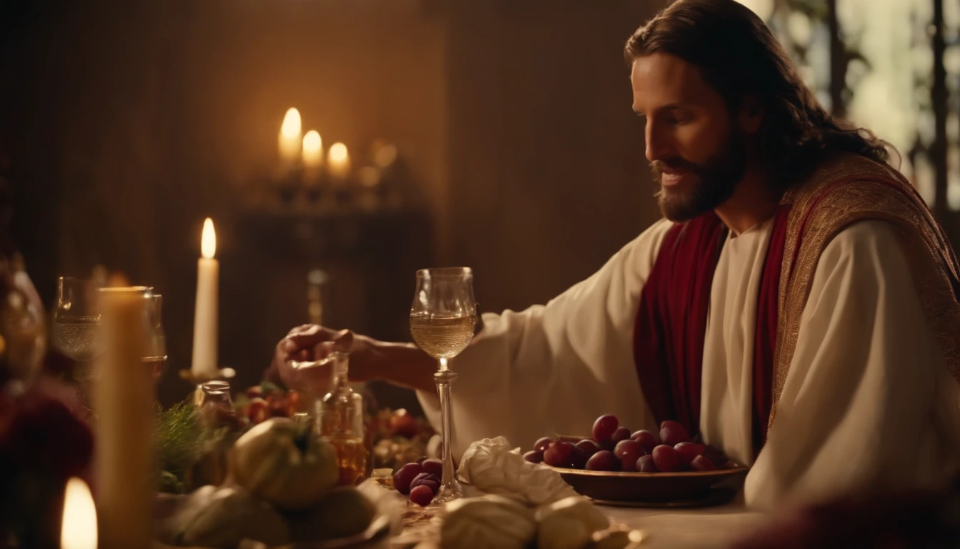 Jesus Christ performs the miracle of turning water into wine at the wedding feast at Cana