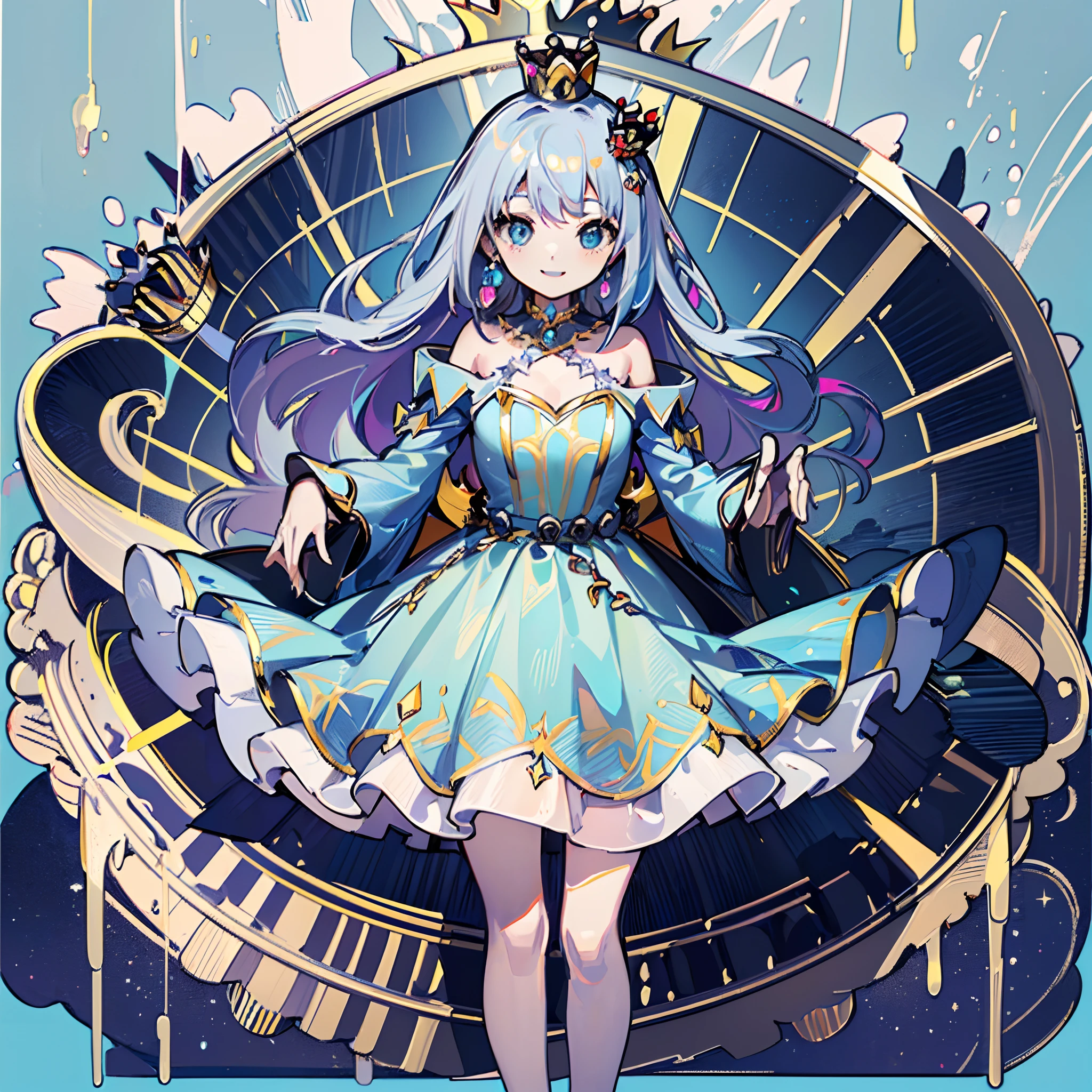 Loli body type girl,Long bright silvery-white hair,Dark red hair,Half-crown issuance cards,Gorgeous headband,Red eyes,Blue and white skirt,Lace floral skirt