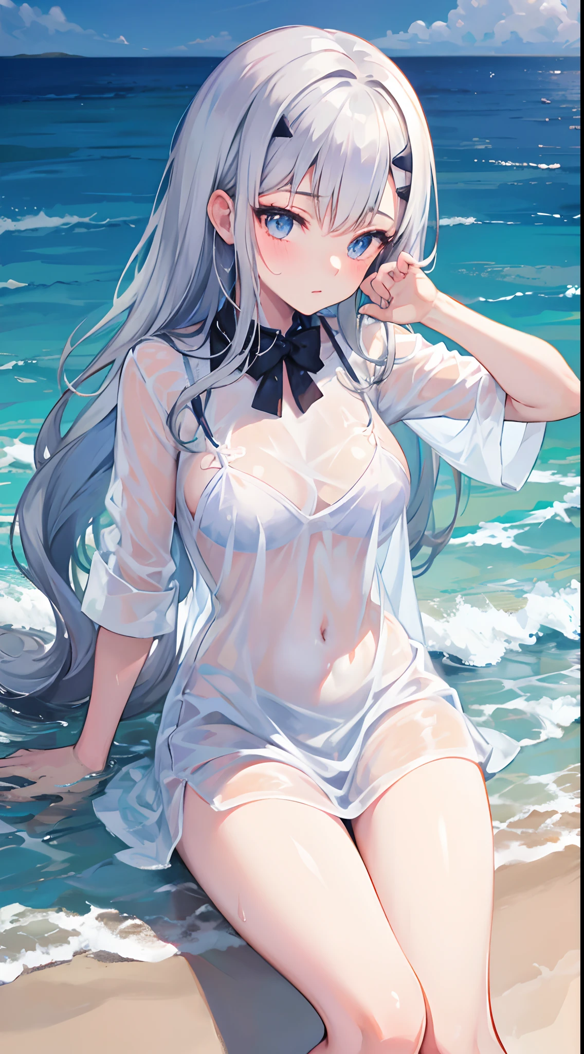 Masterpiece, top quality,1 girl, anime girl Wearing a wet shirt, silver hair , Beach as background , super detail, 4k wallpaper , detail eyes,Seductive pose