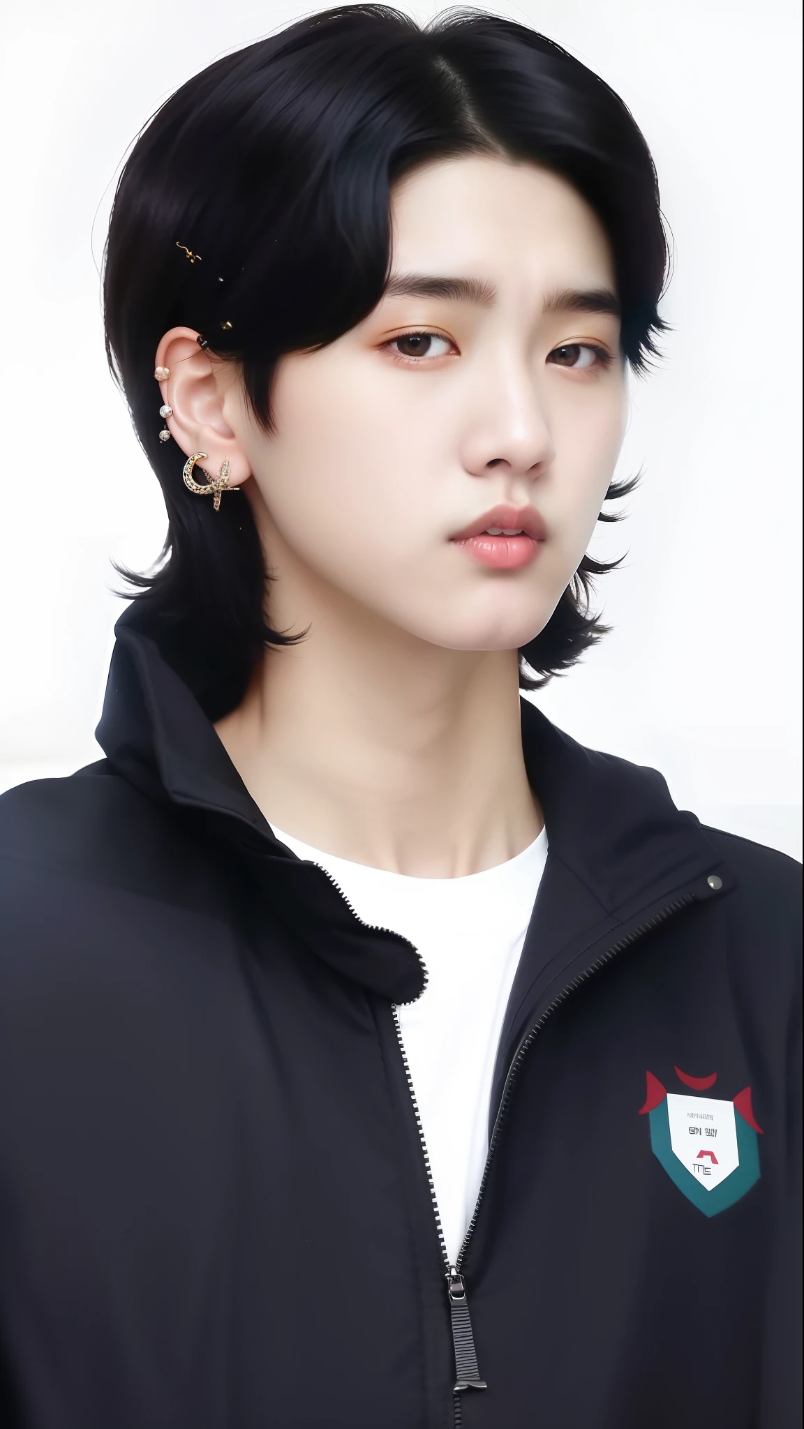 a close up of a person wearing a jacket and ear piercings, kim doyoung, jinyoung shin, black haired yoongi, cai xukun, taejune kim, hyung tae, young wan angel, wan adorable korean face, hong june hyung, jaeyeon nam, delicate androgynous prince, kim hyun joo, jungkook, ten lee, headshot profile picture