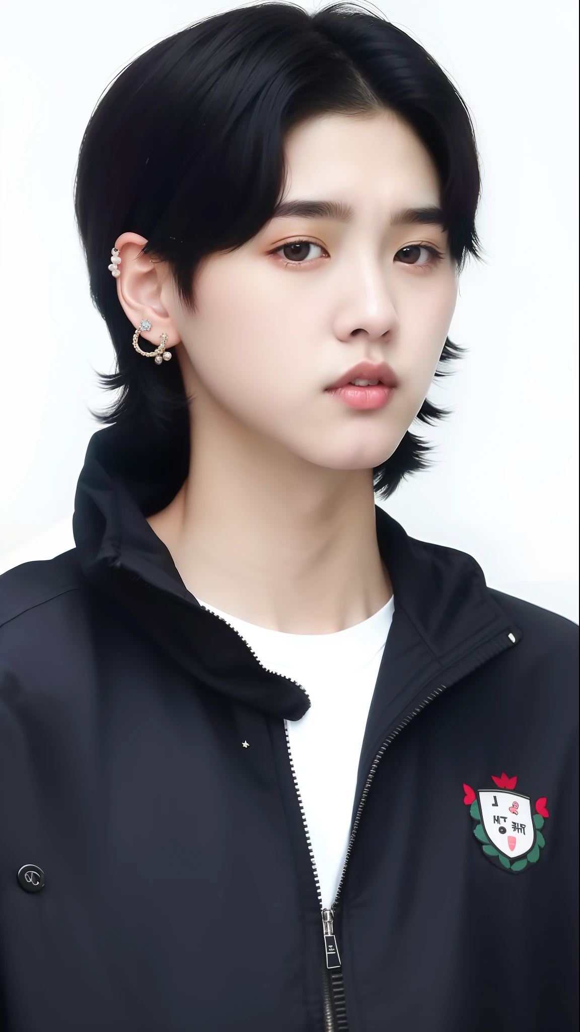 a close up of a person wearing a jacket and ear piercings, kim doyoung, jinyoung shin, black haired yoongi, cai xukun, taejune kim, hyung tae, young wan angel, wan adorable korean face, hong june hyung, jaeyeon nam, delicate androgynous prince, kim hyun joo, jungkook, ten lee, headshot profile picture