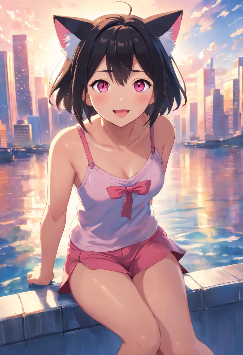 masterpiece, best quality, a mature older black busty girl( dark-skinned female, curvy, body frame and weight, voluptuous body build, very huge breasts, wide hips, thick hips, red eyes, black hair (waist-length, curled)), next to her daughter(dark-skinned female, petite, short, red eyes, black hair(neck-length, curled), red dress), movie still, 2girls, close-up, bright, happy, warm soft lighting, sunset, (sparks:0.7)