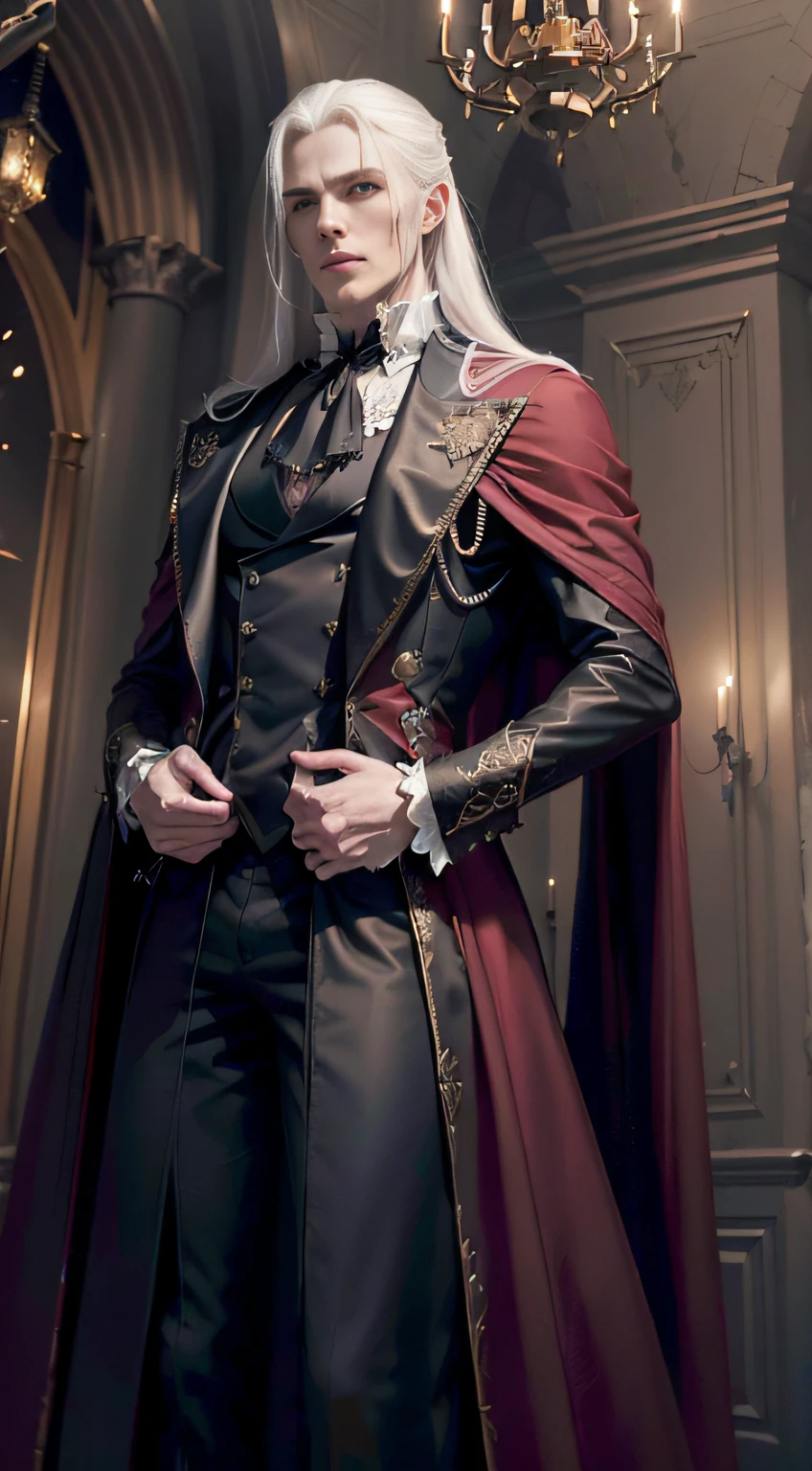 (((masterpiece))), (((best quality))), ((ultra-detailed)),(highly detailed CG illustration), ((an extremely delicate and beautiful)),cinematic lighting, darkly, unholy, Creepy olpntng style, mistic, ((full body shot of a Vampire wearing a long red medieval noble man's coat with extreme nobless and subtil decorations with gold)), ((Our Vampire courts his victims in a wine red, velvet soft double-breasted vest with ties and a back panel in black satin knit. The white, ruffled sleeves of his romantic-looking shirt in heavyweight satin are attached to the vest. The shirt front and cravat are part of a white dickey with a simple slit neckline hidden by the cravat. Over his exquisite vest and shirt, this Vampire wears the traditional black cape. this one in shiny black satin with a gleaming wine red lining. The generous collar is padded so it stands at the back, and a silver metal chain fastens it at the throat. White gloves cover his hands. And around his neck, he wears an ornate cross medallion with a blood red rhinestone at the center)), (Terribly elegant), (Red vampire eyes), (extremely detailed perfect vampire eyes), (extremely detailed perfect vampire face features), tall body, full body, long white hair, albino, There seemed to be an evil aura hidden in his smile, His skin was as pale as snow,It shows a mysterious and majestic atmosphere, fantasy concept art, 8K, gothic art masterpiece, The strokes are heavy, darkly, Unholy, starlights, spine-chilling, holds a flowing blood in one hand, blood effects, the background is a dark medieval castle from afar with a full moon lights and some bats