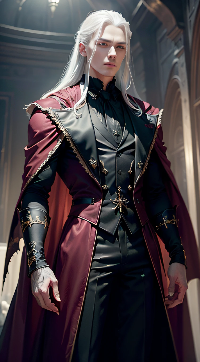 (((masterpiece))), (((best quality))), ((ultra-detailed)),(highly detailed CG illustration), ((an extremely delicate and beautiful)),cinematic lighting, darkly, unholy, Creepy olpntng style, mistic, ((full body shot of a Vampire wearing a long red medieval noble man's coat with extreme nobless and subtil decorations with gold)), ((Our Vampire courts his victims in a wine red, velvet soft double-breasted vest with ties and a back panel in black satin knit. The white, ruffled sleeves of his romantic-looking shirt in heavyweight satin are attached to the vest. The shirt front and cravat are part of a white dickey with a simple slit neckline hidden by the cravat. Over his exquisite vest and shirt, this Vampire wears the traditional black cape. this one in shiny black satin with a gleaming wine red lining. The generous collar is padded so it stands at the back, and a silver metal chain fastens it at the throat. White gloves cover his hands. And around his neck, he wears an ornate cross medallion with a blood red rhinestone at the center)), (Terribly elegant), (Red vampire eyes), (extremely detailed perfect vampire eyes), tall body, full body, long white hair, albino, There seemed to be an evil aura hidden in his smile, His skin was as pale as snow，It shows a mysterious and majestic atmosphere, fantasy concept art, 8K, gothic art masterpiece, The strokes are heavy, darkly, Unholy, starlights, spine-chilling, holds a flowing blood in one hand, blood effects, the background is a dark medieval castle from afar with a full moon lights and some bats