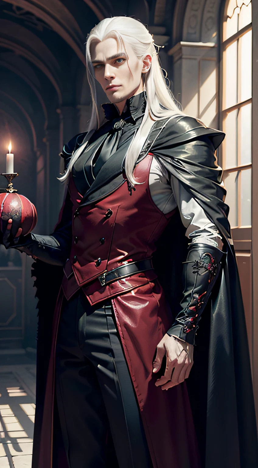 (((masterpiece))), (((best quality))), ((ultra-detailed)),(highly detailed CG illustration), ((an extremely delicate and beautiful)),cinematic lighting, darkly, unholy, Creepy olpntng style, mistic, ((full body shot of a Vampire wearing a long red medieval noble man's coat with extreme nobless and subtil decorations with gold)), ( Our Vampire courts his victims in a wine red, velvet soft double-breasted vest with ties and a back panel in black satin knit. The white, ruffled sleeves of his romantic-looking shirt in heavyweight satin are attached to the vest. The shirt front and cravat are part of a white dickey with a simple slit neckline hidden by the cravat. Over his exquisite vest and shirt, this Vampire wears the traditional black cape – this one in shiny black satin with a gleaming wine red lining. The generous collar is padded so it stands at the back, and a silver metal chain fastens it at the throat. White gloves cover his hands. And around his neck, he wears an ornate cross medallion with a blood red rhinestone at the center)), (Terribly elegant), (Red vampire eyes), (extremely detailed perfect vampire eyes), tall body, long white hair, albino, exquisit refined vampire medieval noble male vampire outfit, There seemed to be an evil aura hidden in his smile, His skin was as pale as snow，It shows a mysterious and majestic atmosphere, fantasy concept art, 8K, gothic art masterpiece, The strokes are heavy, darkly, Unholy, starlights, spine-chilling, holds a ball of flowing blood in one hand, blood effects, the background is a dark medieval castle with a full moon lights and some bats