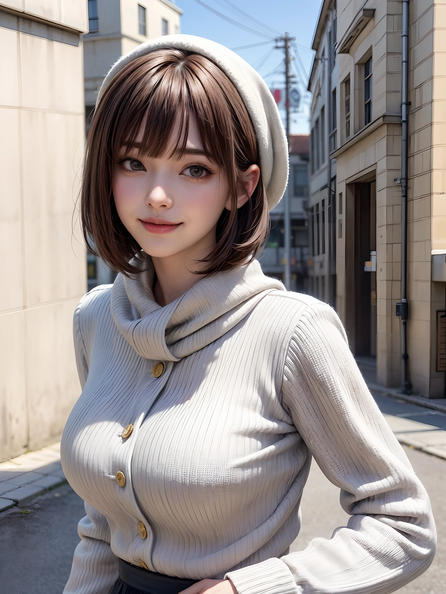 (masterpiece, top-quality、Beautiful woman full of adult charm8),1girl in, 独奏, A dark-haired, scarf, Hats,, realisitic, looking at the viewers, black eyes of light color, shorth hair, coat, Winter clothes, White headscarf, s lips, lipgloss,bangss,, a closed mouth, The upper part of the body、big eye、Lashes、((Street))、((Shorthair with bangs、big eye、Put very strong highlights in your students、very Bigger breasts、gazing at viewer、Very beautiful beauty、Put your ears out、long neck、little smiling、Close your mouth and smile)))、28 year old、Cute supermodels