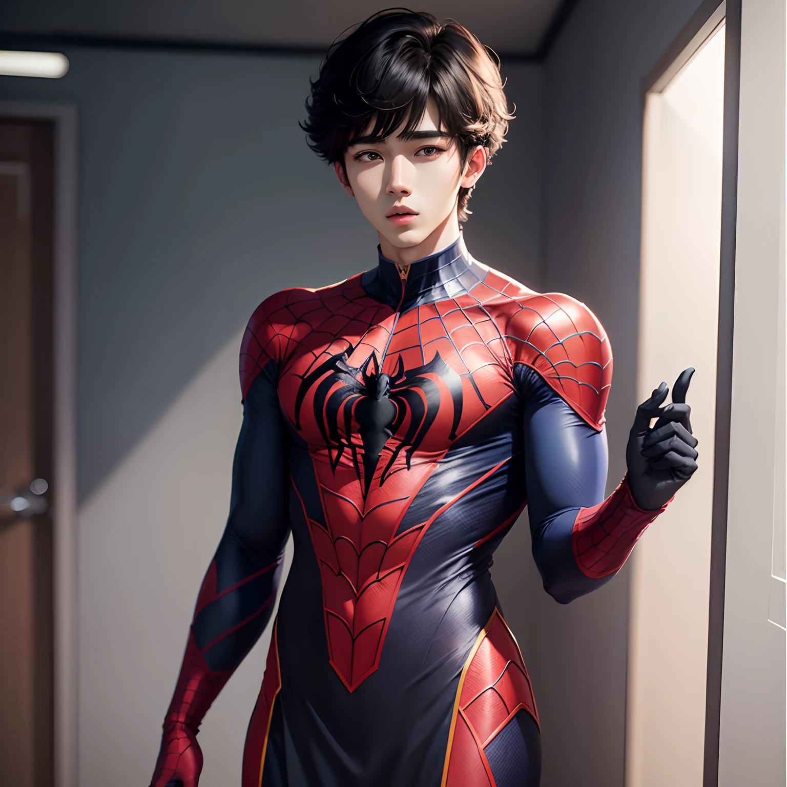 RAW, 21 YEARS OLD CHINESE BOY, NO MASK, MASTERPIECE, SUPER FINE PHOTO, BEST QUALITY, SUPER HIGH RESOLUTION, PHOTOREALISTIC REALISM, SUNLIGHT, FULL BODY PORTRAIT, AMAZING BEAUTY, DYNAMIC POSE, DELICATE FACE, VIBRANT EYES, (VIEWED FROM THE SIDE), HE IS WEARING A FUTURISTIC STEEL MAN SPIDER-MAN COSTUME, VERY DETAILED BACKGROUND, DETAILED FACE, DETAILED COMPLEX BUSY BACKGROUND, MESSY, GORGEOUS, HIGHLY DETAILED SKIN, REALISTIC SKIN DETAILS, VISIBLE PORES, SHARP FOCUS, VOLUMETRIC FOG, 8K UHD , DSLR camera, high quality, film grain, fair skin, photo realism, lomography, huge metropolis in future dystopia , seen from below, translucent, convex underbody,