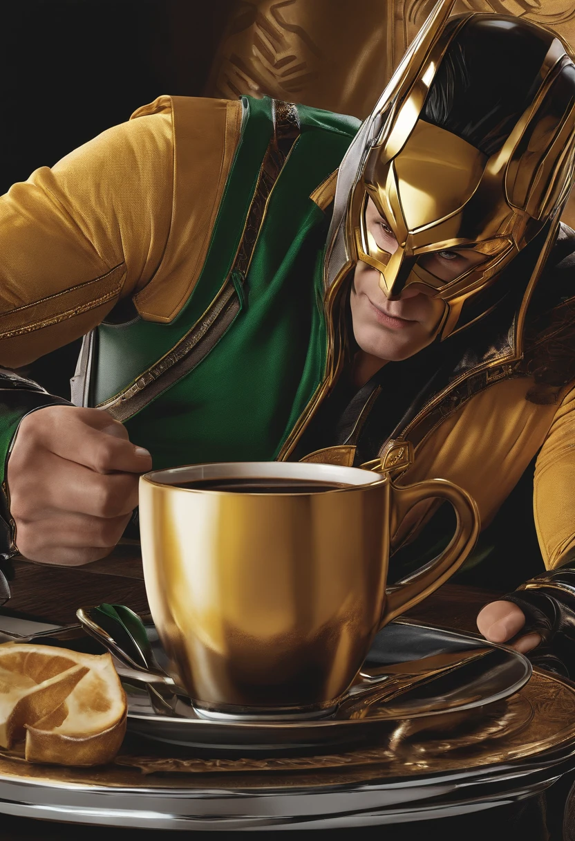 Create realistic images of Marvel's Loki and Marvel's Deadpol together over coffee
