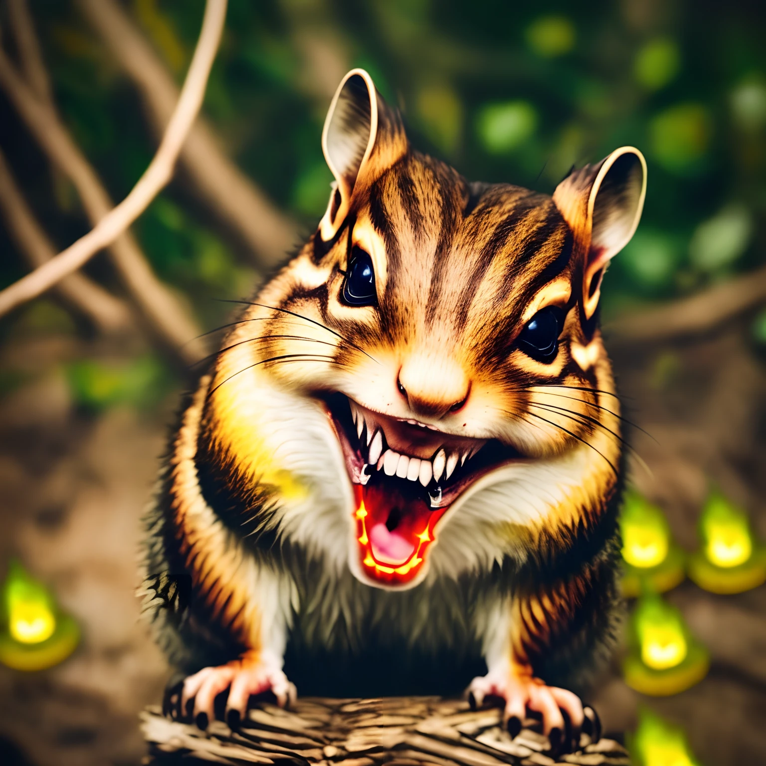An evil chipmunk monster with chubby cheeks, very detailed, portrait photography, wild animal, (evil spirit:1.8), very large sharp teeth, (glowing yellow eyes:1.6), hungry, grinning, killer monster, roaring. Ready to attack