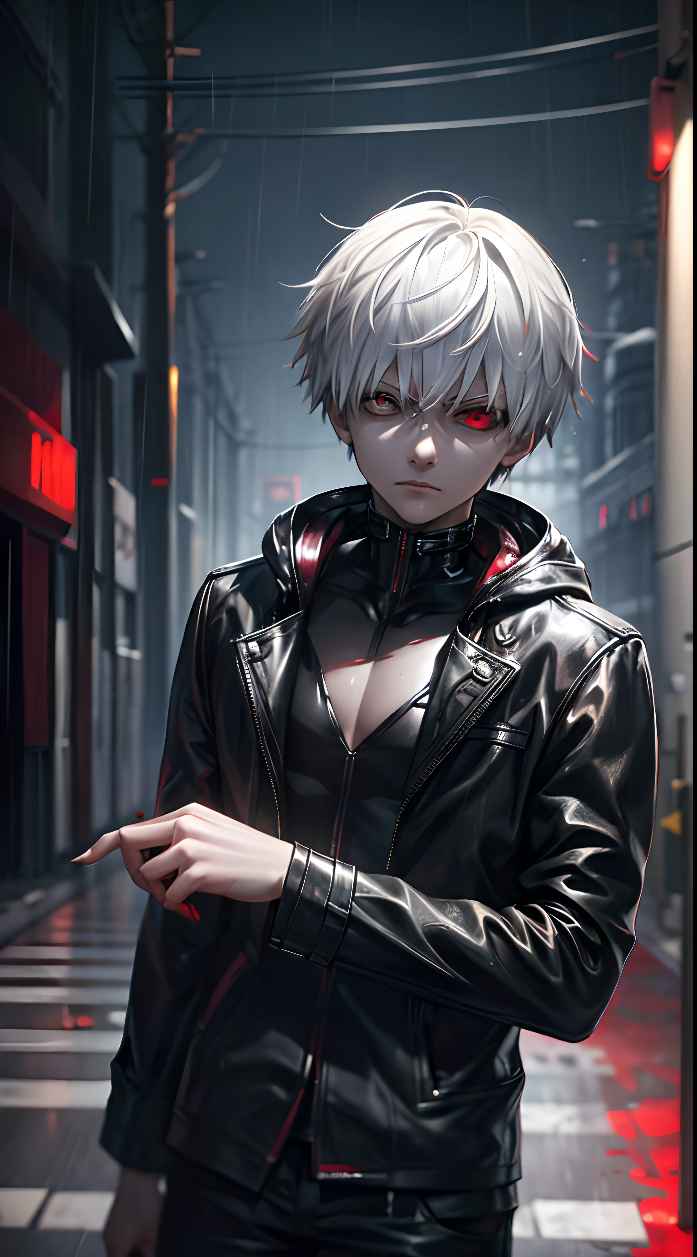 A male character, Kaneki Ken, hoodie, dripping rain, red and black color palette, detailed eyes and face, red eyes, silver hair, menacing aura, dark ambiance, mysterious atmosphere, intense expression, urban setting, smoke and shadows, haunting presence, stylish and edgy, ray tracing, perfect blend of light and darkness, intense gaze, captivating presence, sleek and sharp, contrast of red and black, supernatural powers suggested, rain-soaked streets, an air of danger, enigmatic persona, urban gothic aesthetic, stormy weather, captivating and alluring, a touch of blood red, smoky streets, brooding protagonist, stormy skies