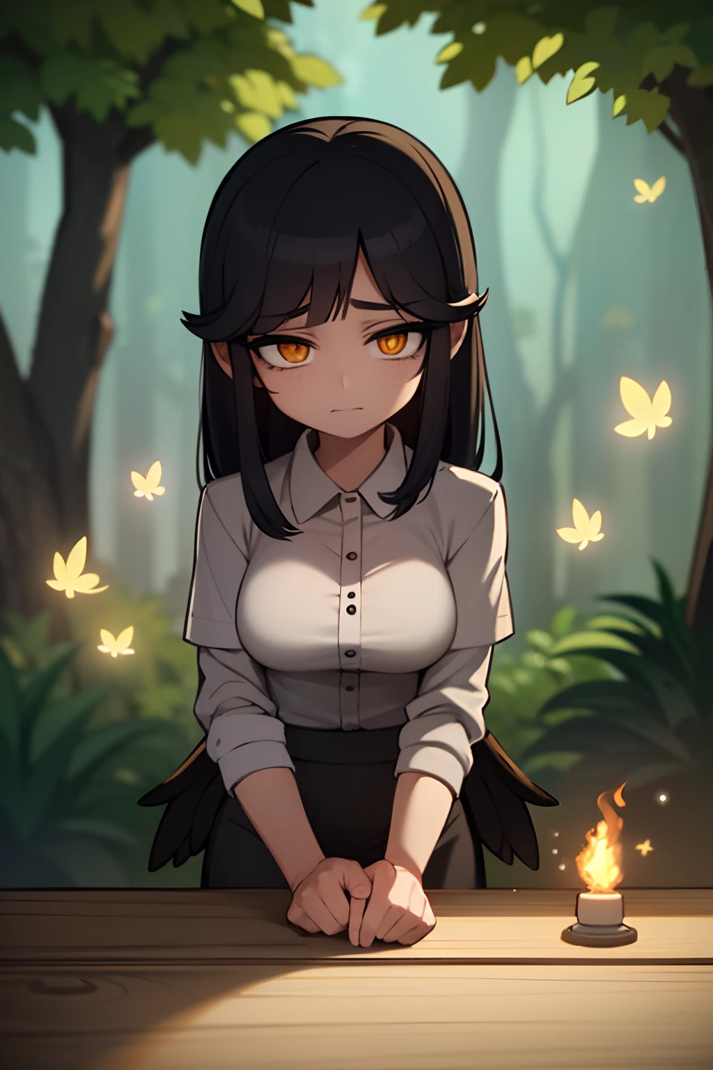 Masterpiece, Best Quality, (very detailed CG unity 8K wallpapers), (Best Quality), (best illustrations), (best shadows), Forest theme with natural elements. tall trees, Quiet streams, glowing little mushrooms, surrounded by tender leaves and branches, with fireflies and glowing particle effects,, (Natural elements), (jungle theme), (leaves), (twigs), ( Fireflies), Butterflies, (Tender leaves), (Glow), (particle fx). , isometric 3D, Octane rendering, Ray Tracing, Super detailed, albedo, albedo (Master), Office suit, amber eyes, black hair, White horns, Black wings, big breastes, Sad look