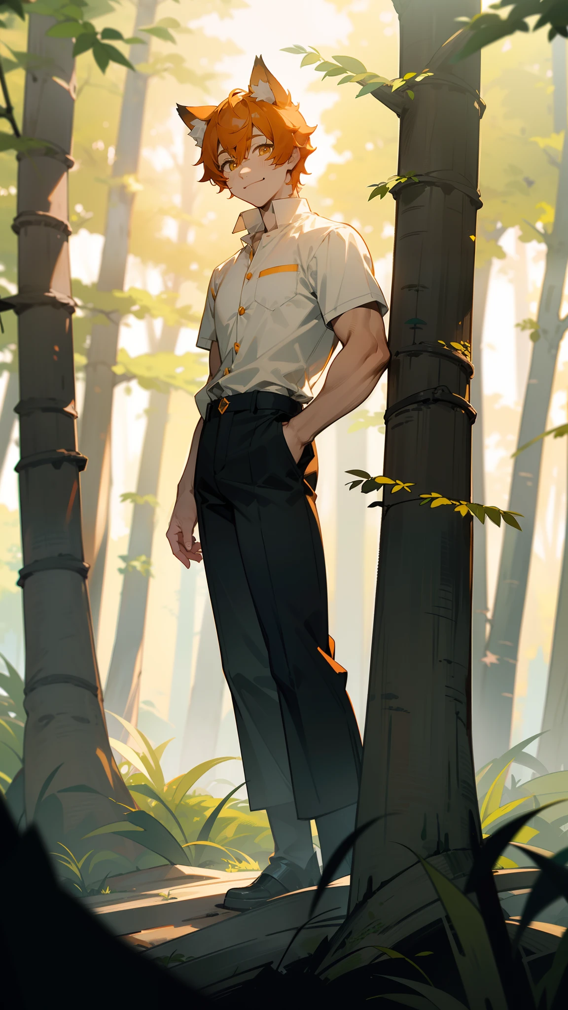 1boy,solo,20s,muscles,happy face,smile,white shirt,black pants, orange hair,short hair,yellow eyes,wolf ears,(((standing in front of a forest))),