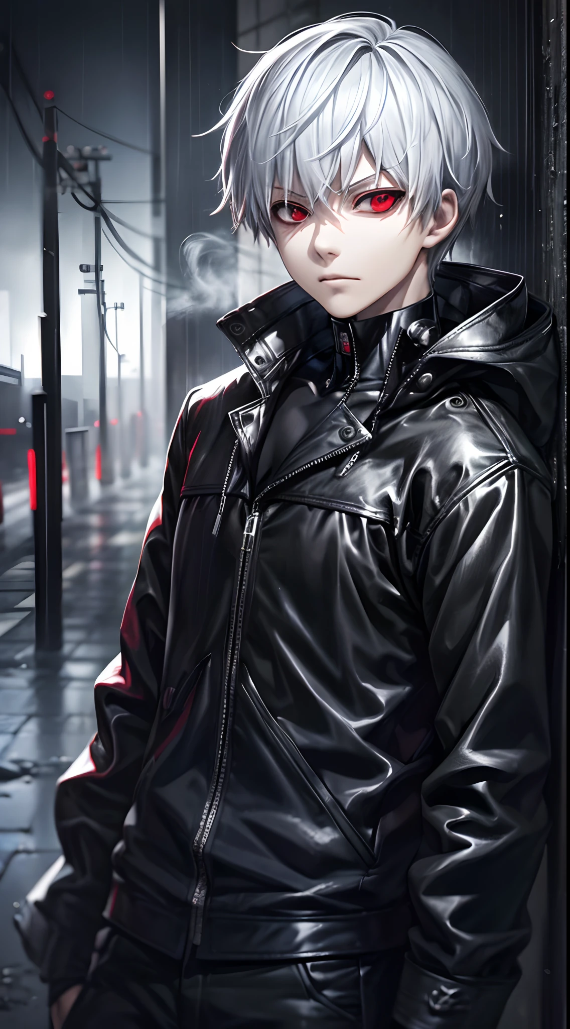 A male character, Kaneki Ken, hoodie, dripping rain, red and black color palette, detailed eyes and face, red eyes, silver hair, menacing aura, dark ambiance, mysterious atmosphere, intense expression, urban setting, smoke and shadows, haunting presence, stylish and edgy, ray tracing, perfect blend of light and darkness, intense gaze, captivating presence, sleek and sharp, contrast of red and black, supernatural powers suggested, rain-soaked streets, an air of danger, enigmatic persona, urban gothic aesthetic, stormy weather, captivating and alluring, a touch of blood red, smoky streets, brooding protagonist, stormy skies