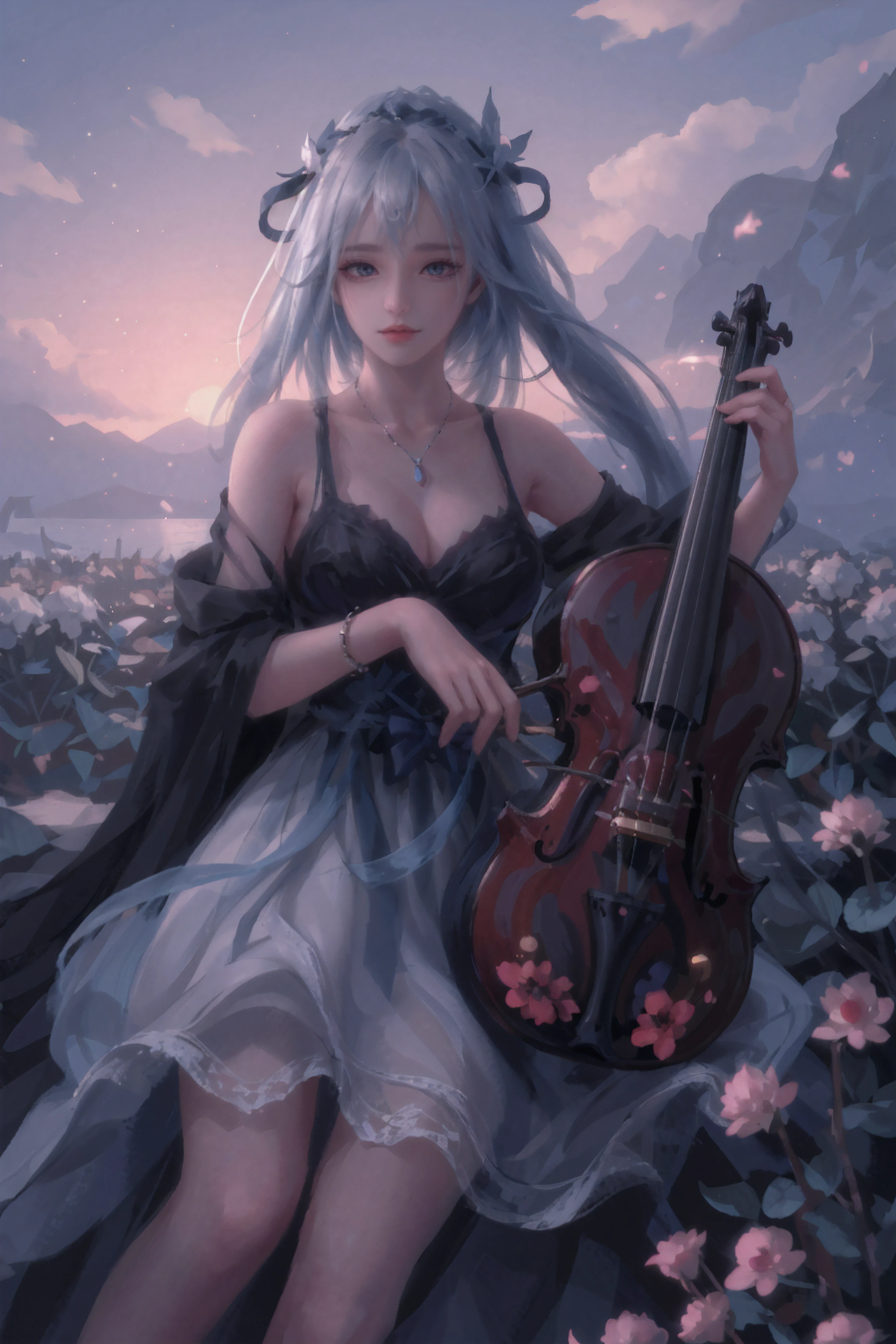 Raw, cinematic shot, (sharp focus:1.5), (photorealistic:1.4), twilight lighting, volumetric lighting, ultra high res, 16K,dramatic lighting, 1girl, solo, long hair, violin, instrument, black eyes, dress, white dress, white hair, looking at viewer, light particles, closed mouth, indoors, jewelry, sleeveless, bare shoulders, bangs, head tilt, black rose, beautiful detailed eyes, detailed background, amanhecer, cloud, flower, sky, scenery, day, grass, outdoors, blue_sky, field, cloudy_sky, horizon, hydrangea, water, ocean, mountain, blue_flower, flower_field, bird, The black bow on the head, qingsha, plyaing violin, harp, sole, foot focus, violin,