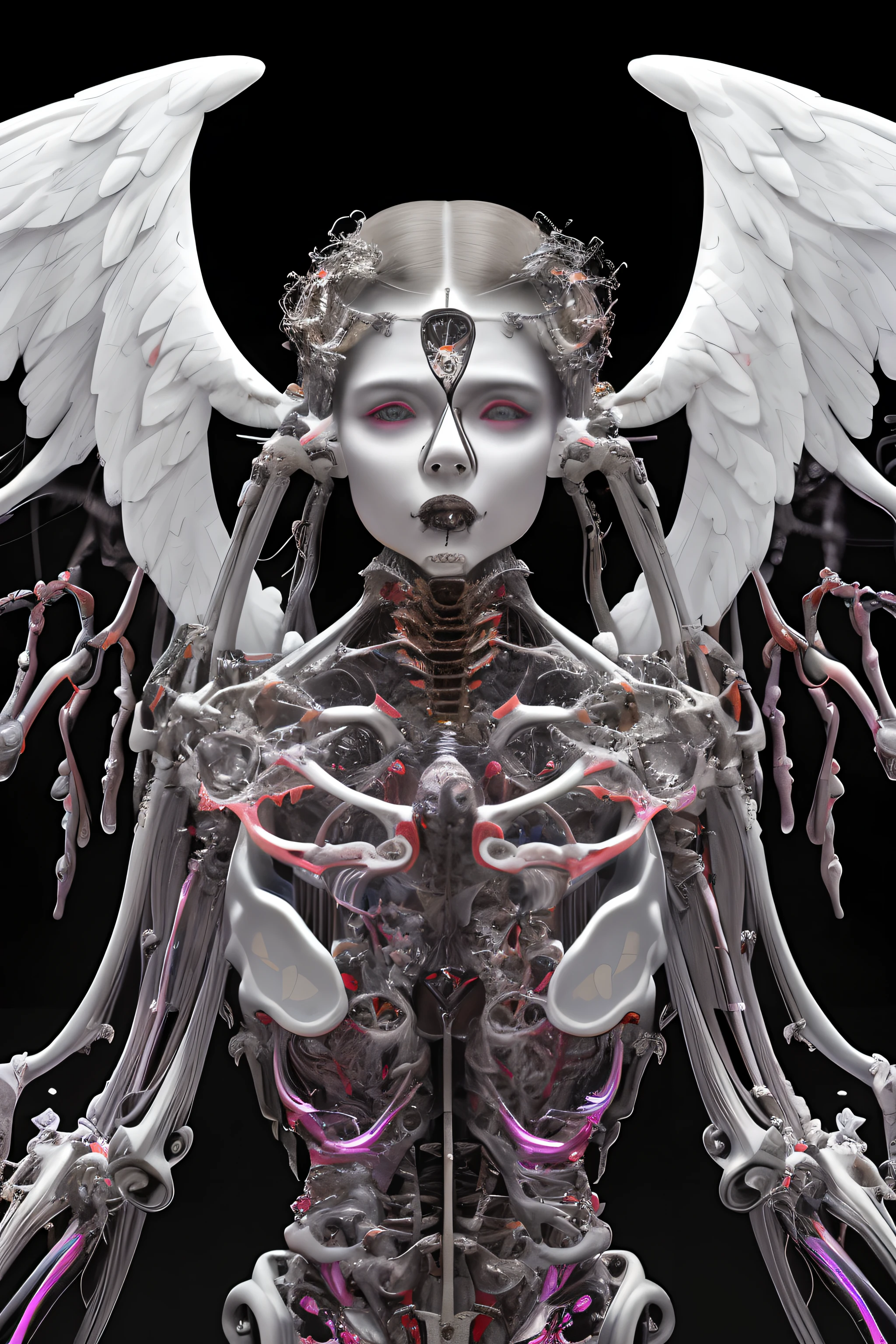 HD photo Intricate 3D rendering Ultra Detail Beautiful Angel of Death, Biomechanical Robot, Simulated 150mm Lens, Beautiful Natural Soft Edge Light, Neon Vein, Roots, Delicate Leaf Lace, Colored Details, Boris Bidjan Saberi Garments, Pearl Earrings, Piercings, Art Nouveau Fashion Embroidery, Intricate Details, Mesh Lines, Mandelbrot Fractal, Facial Muscles, Cables, Microchips, Villains, Surreal, Octane, Volume Lighting, 8k and post-production, red white with a touch of black, metal skeleton detailing, half-human, iridescent, Glenn Brown style, futuristic room, power of God, high angle shooting, complex body poses