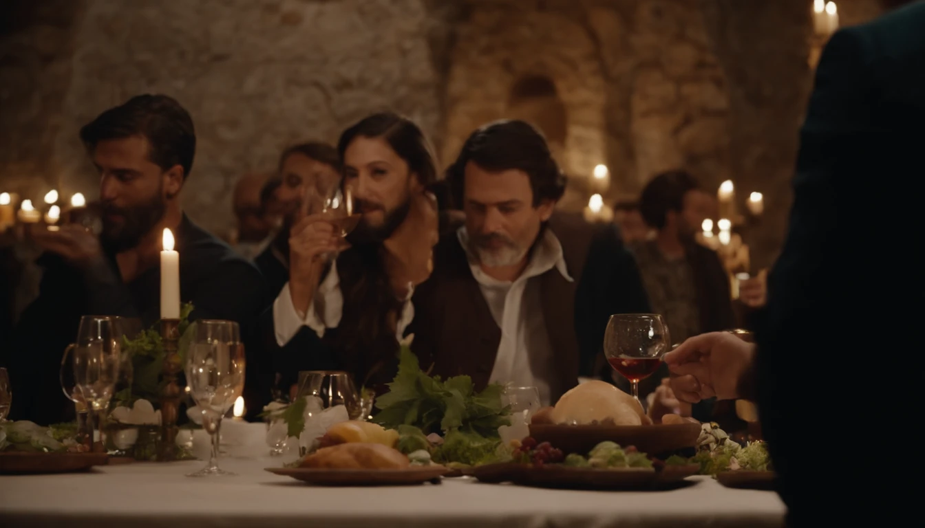 Mestre Sala tasting the wine transformed by Jesus at the wedding feast of Cana. tirando com uma concha de pedra de uma talha de pedra