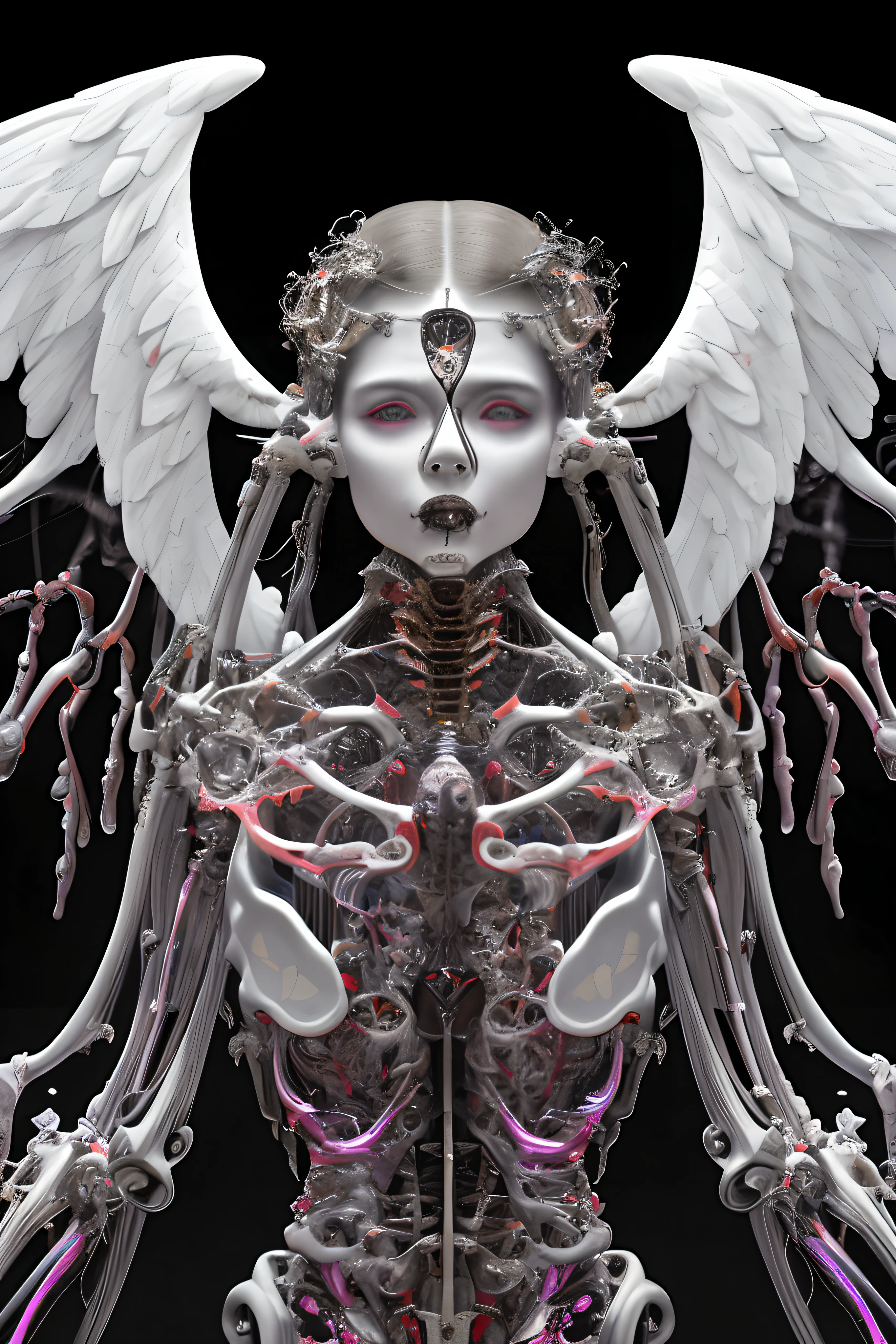 Intricate 3d rendering ultra-detailed beautiful angel of death, biomechanical robot, simulated 150mm lens, beautiful natural soft edge light, neon veins, roots, delicate leaf lace, colorful details, Boris Bidjan Saberi costume, pearl earrings, piercings, art nouveau fashion embroidery, intricate details, mesh lines, Mandelbrot fractals, facial muscles, cables, microchips, villains, surreal, ultra-detailed, octane, volumetric lighting, 8k and post-production, red The white has a little bit of black, Metal Skeleton Details, Half-Human, Iridescent, Glenn Brown Style, Futuristic Room, Power of God, High Angle Shot, Complex Body Poses