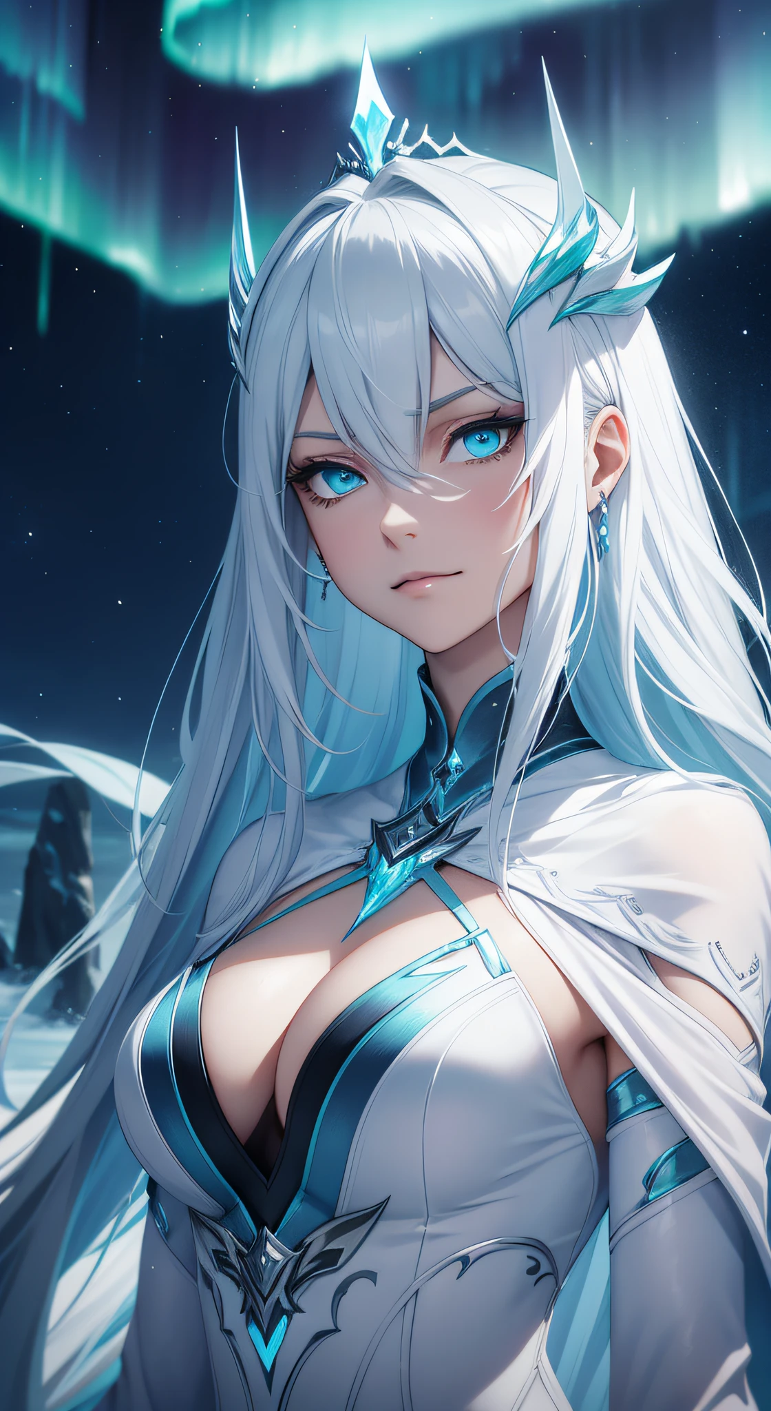 Tall woman, Silver medium lenght hair, Cyan eyes, smirk, grace, Beautiful queen white robes, Ice Elements, silence, empty, pale, cold face, Cold, Winter, Ice throne behind, Aurora Borealis, Northern lights, cold eyes, Light Blue and white details, Ling(Mobile Legends), hdquality, 4k, HD, Good detail