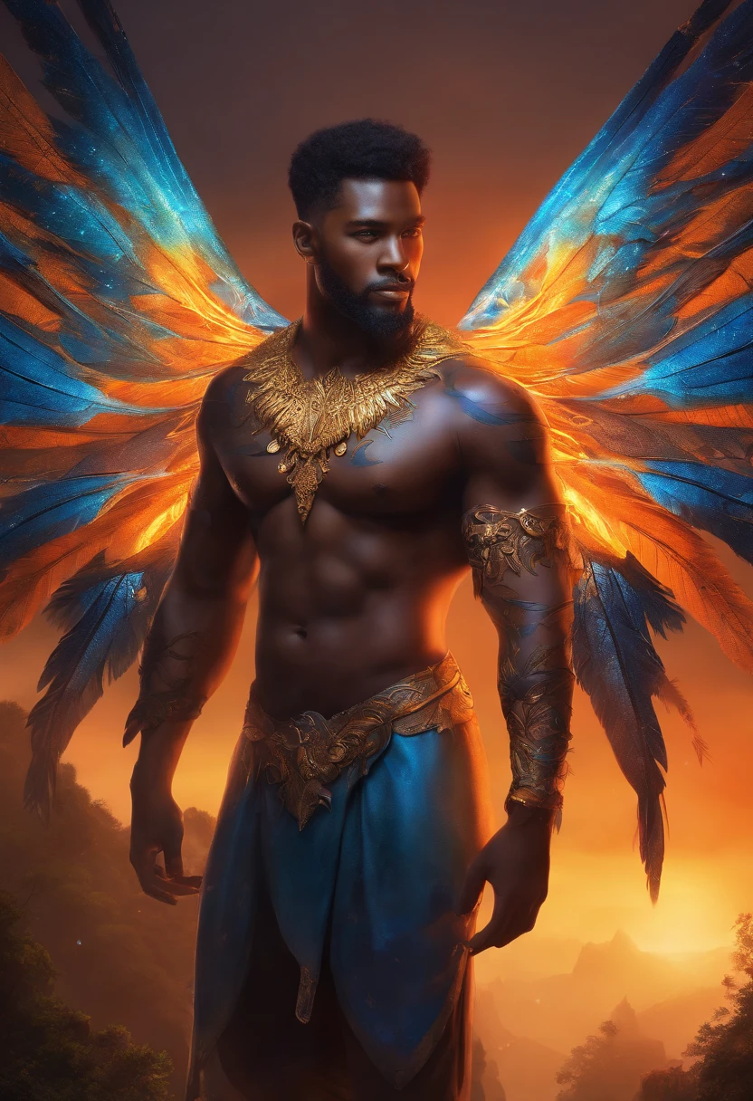 Black Demon Beautiful Male Black Man with Blue and Orange Details, Large Wings, Forest in the Background, Vibrant Colors, Full Body, Detailed Face, Detailed Hands, Detailed Legs, Detailed Fingers, Detailed Hair, Detailed Eyes, Detailed Skin, Lush Vegetation Blurred Background, Vibrant Colors, Lush Light, Soft Light, Sunset Light, Smooth Light, Symmetrical, Full Body, Reflections, HDR Dynamic Lighting, 8K Resolution, cinematic film, smooth, sharp focus, realistic, strobe light beams, ((blurred background)):1.7, (((depth of field)) ):1.8, cinestill 800t 35mm, high quality, heavy grain, high detail, cinematic composition, dramatic light, anamorphic, ultra wide lens, hyperrealistic