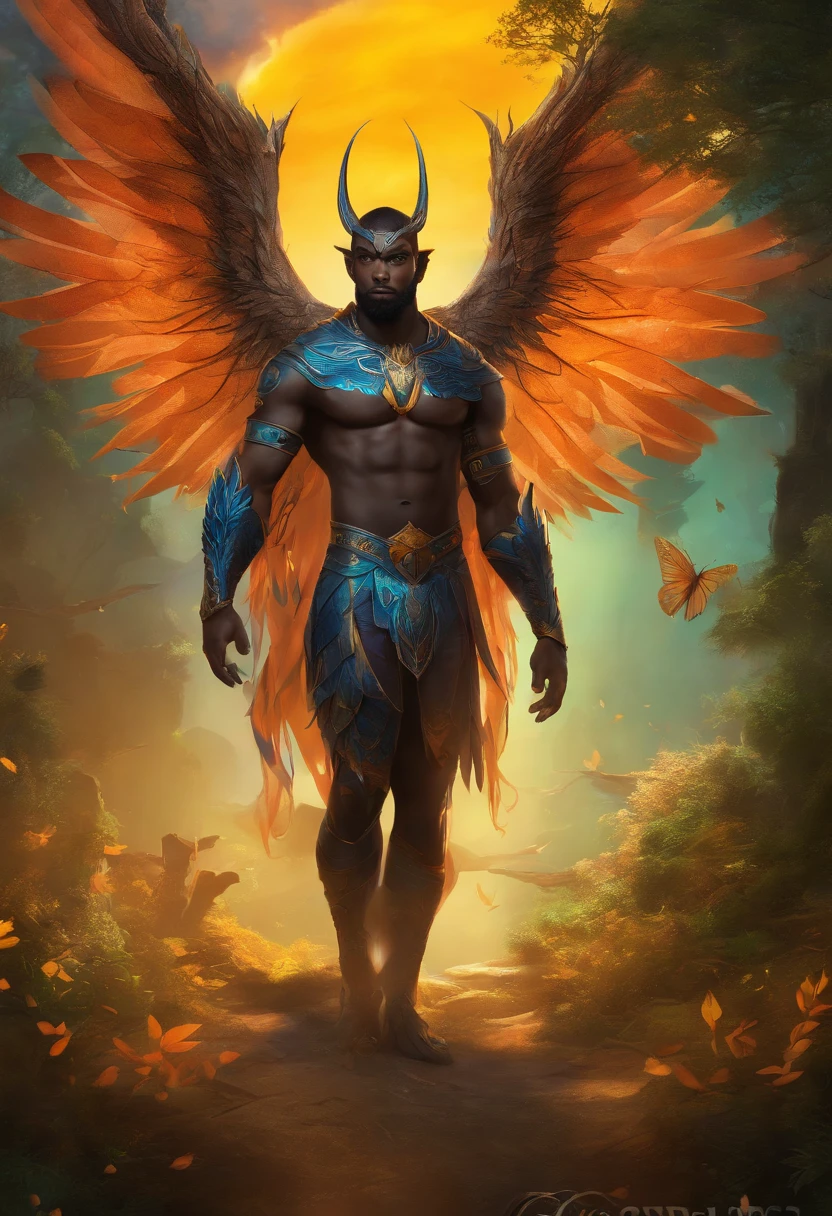 Black Demon Beautiful Male Black Man with Blue and Orange Details, Large Wings, Forest in the Background, Vibrant Colors, Full Body, Detailed Face, Detailed Hands, Detailed Legs, Detailed Fingers, Detailed Hair, Detailed Eyes, Detailed Skin, Lush Vegetation Blurred Background, Vibrant Colors, Lush Light, Soft Light, Sunset Light, Smooth Light, Symmetrical, Full Body, Reflections, HDR Dynamic Lighting, 8K Resolution,  cinematic film, smooth, sharp focus, realistic, strobe light beams, ((blurred background)):1.7, (((depth of field)) ):1.8, cinestill 800t 35mm, high quality, heavy grain, high detail, cinematic composition, dramatic light, anamorphic, ultra wide lens, hyperrealistic