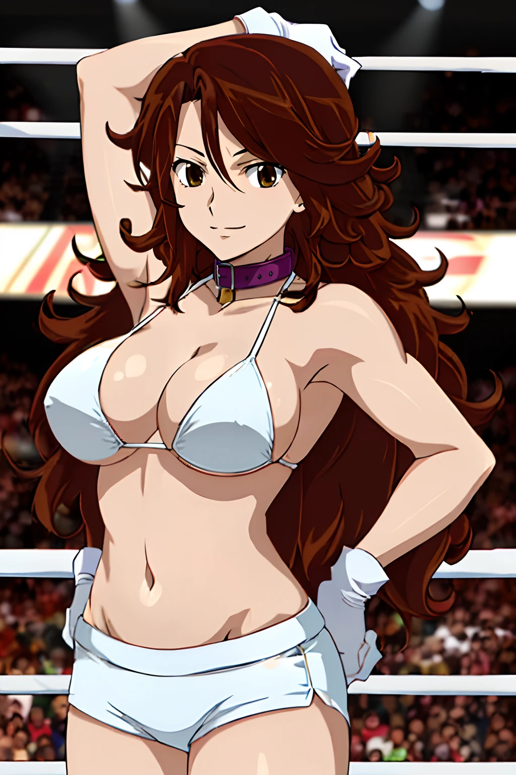 hug, Elegant lady, (upper body view), anime style: 1.8, anime drawing, ultra detailed face, ultra detailed body, 4k, Sumergai Lee Noriega, (standing), best quality, anime style, hires, highest definition, digital blending, bold drawing lines, ((wwe diva), (location: wrestling arena, crowds watching), ( slim body, (little biceps), , off-shoulders, closed fists, (curvy: 2.8)), ((white bikini, shorts,, white gloves, collar, elbow protector)), victorious, winner, gentle, (pale skin, shiny skin, very big breasts, smile), (big eyes, brown eyes), (clapping), (brown hair, loose hair, curly hair, wavy hair, long hair, missy hair), 27 years old,
