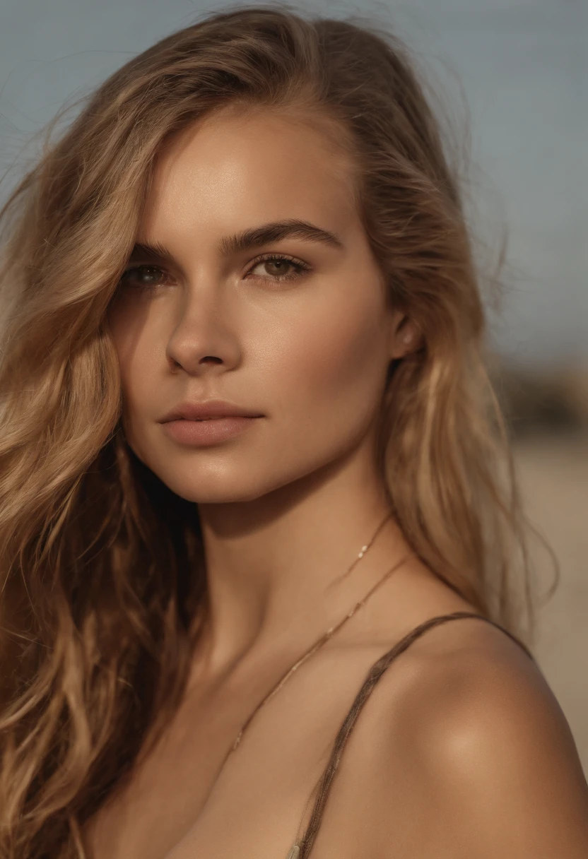 Create realistic photos of 18-year-old girls with blonde hair (Longitud hasta los hombros), cara linda, todo el cuerpo, cuerpo delgado, piernas bien formadas, tobillos delgados, cintura delgada, ojos verdes y pechos grandes, She is completely naked, she is on the beach. Non nude.
