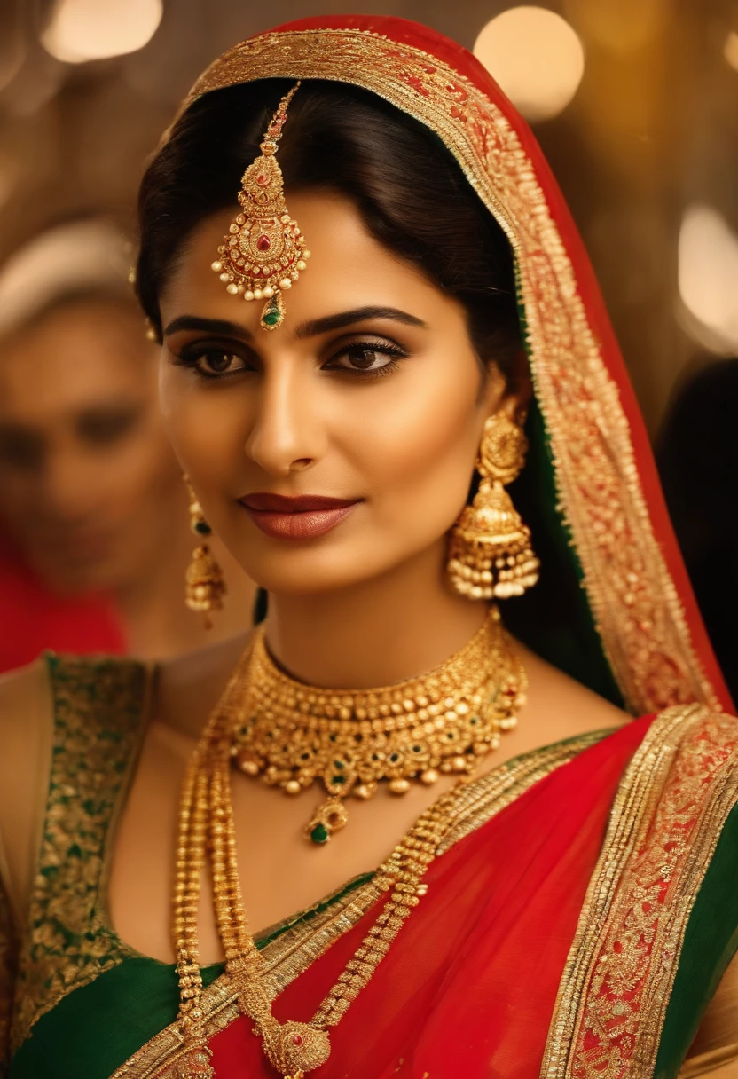 a close up of a woman wearing a red sari and gold jewelry, heavy gold jewellery, wearing gold jewellery, gold jewellery, golden jewellery, intricate thin details in gold, traditional beauty, intricate gold jewlery, gold jewelry, elaborate gold jewelry, wearing elegant jewellery, golden jewelery, gold adornments, intricate jewellery, gold jewlery