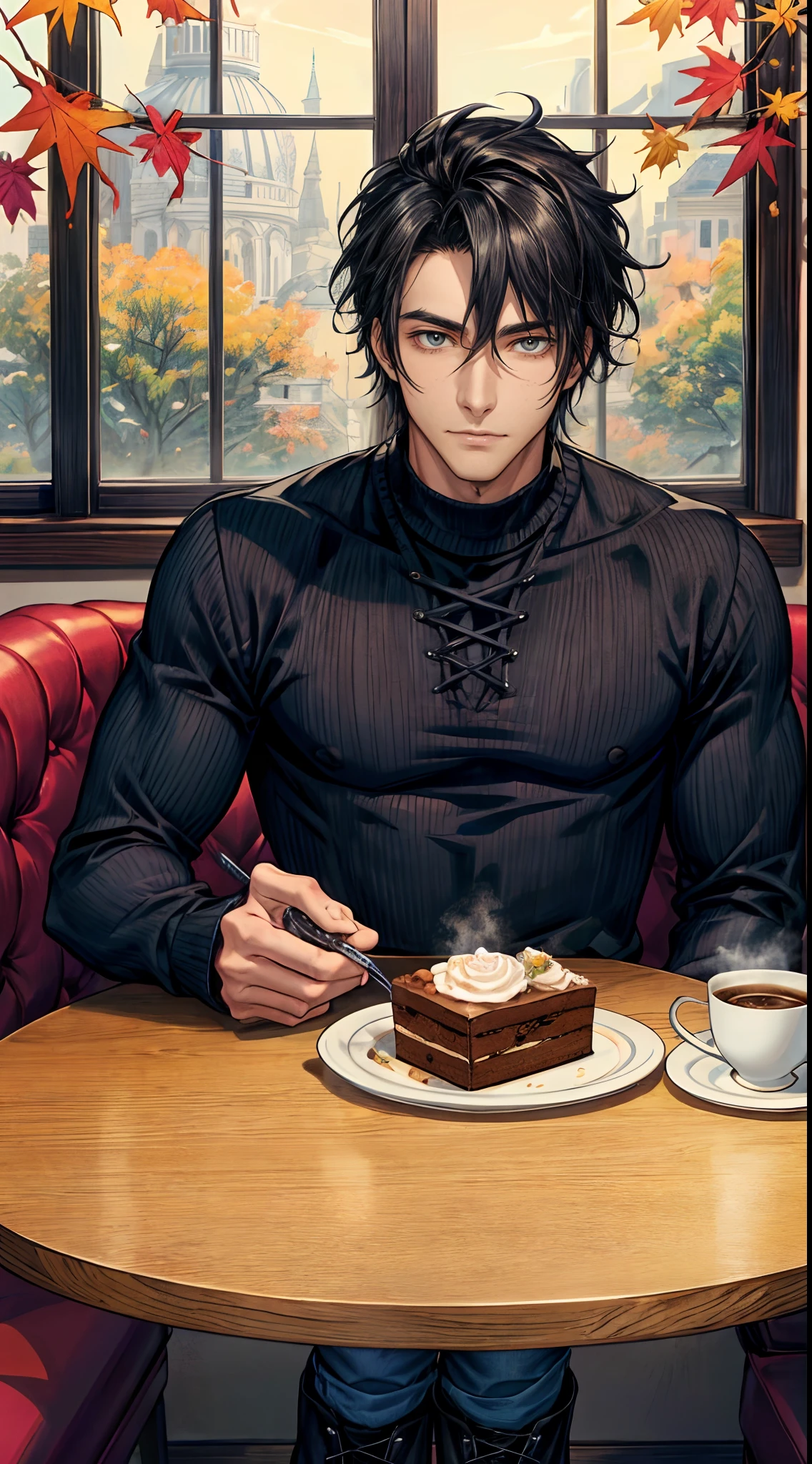(Masterpiece, hiquality, absurdress), 1male, black hair, straight hair, gray eyes, a perfect face, sports body, 独奏, Male body, male focus, Detailed eyes and face, Cozy café, lots of flowers, a table, Drinking coffee, Eat Cake, sitting at a table in a café, Take a selfie, sweater, Jeans, lace-up boots, Romantic setting, Autumn outside the window