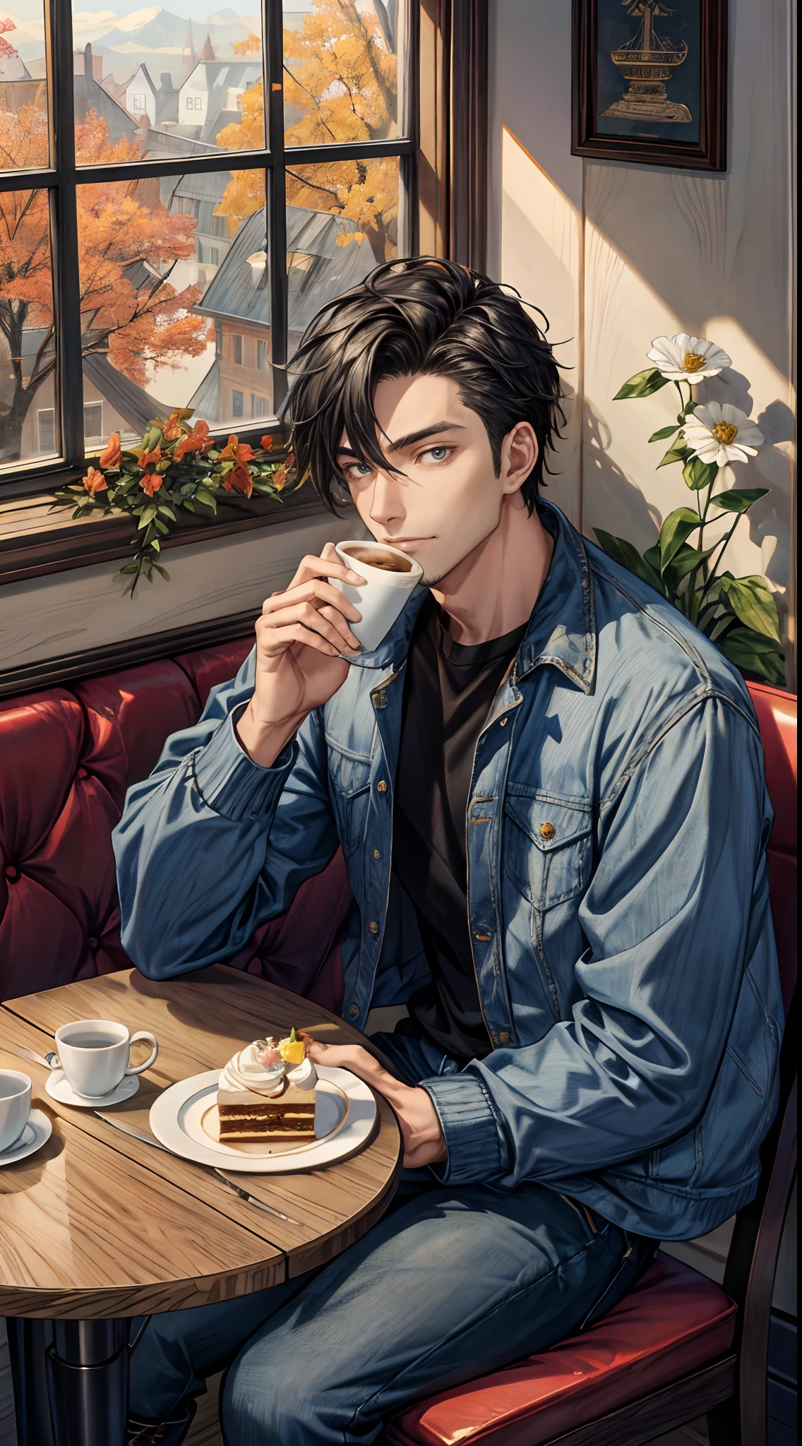 (Masterpiece, hiquality, absurdress), 1male, black hair, straight hair, gray eyes, a perfect face, sports body, 独奏,  Male body, male focus, Detailed eyes and face,  Cozy café, lots of flowers, a table, Drinking coffee, Eat Cake, sitting at a table in a café, Take a selfie, sweater, Jeans, lace-up boots, Romantic setting, Autumn outside the window