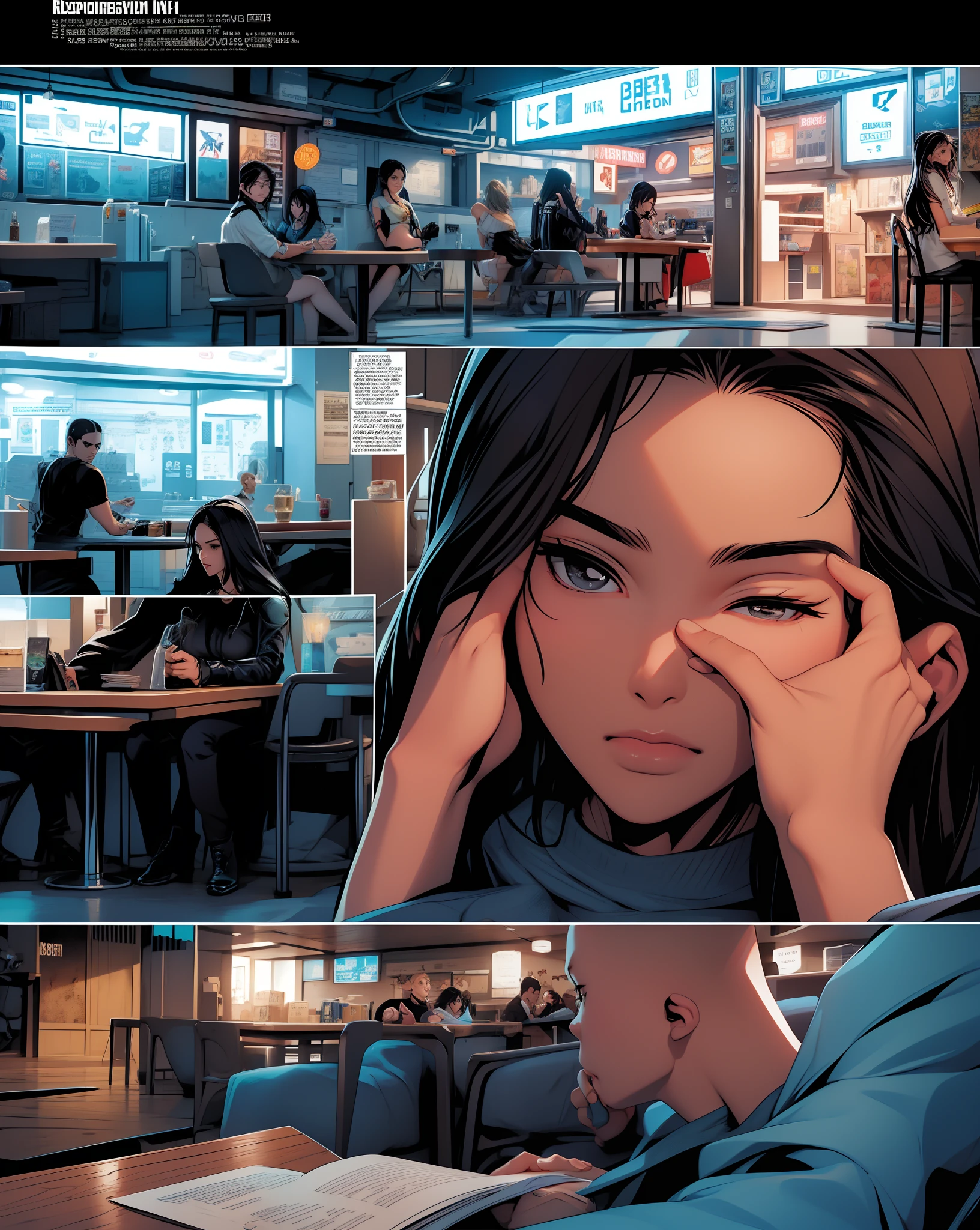 comic illustration, cyberpunk 2077, comicpanels, INFJ girl (introspective and quiet) sitting alone in a café, engrossed in a book. Best quality, intricate details, clean lines, eye-catching composition, anime realism, ample headroom, dynamic pose, third rules of photography, perfect illustration