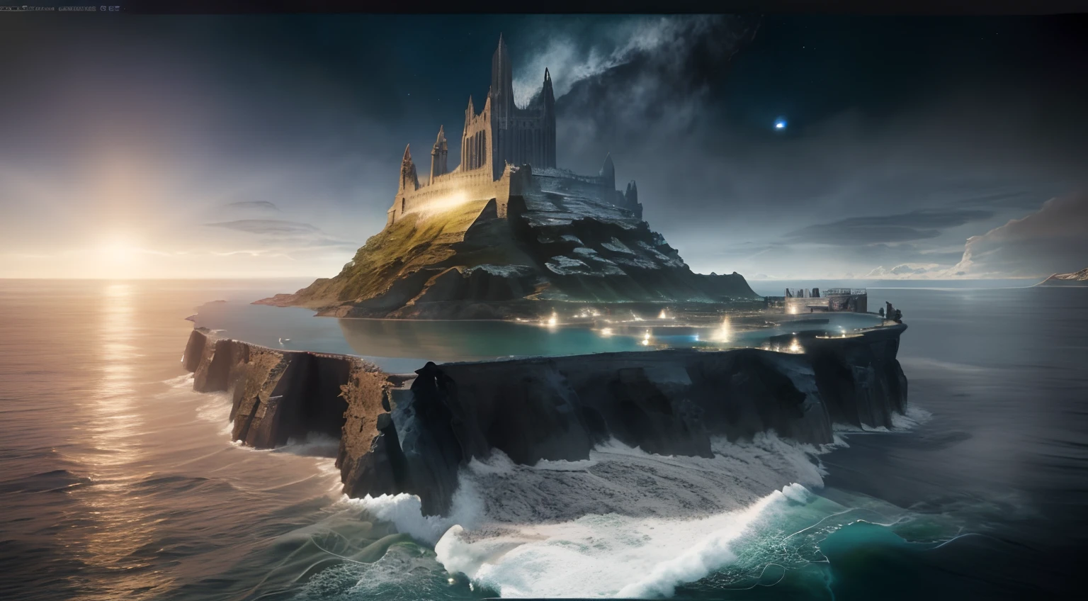 A city built on water: Númenor is an island of rings of power. Located off the western shores of Middle-earth, this vast star-shaped island is drawn from the waters by the Valar at the end of the First Age, as a reward for the Men who fought Morgoth. The island-continent of Númenor would have an area of 434,831 km2 inspired by the painter Ted Nasmith (16k, centerpiece: 1.2)