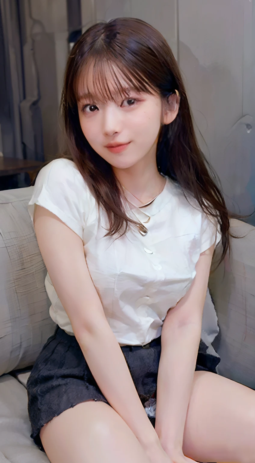 1womanl, (Beautiful breasts), (Details of a very beautiful face), (Best Quality:1.4), 8K resolution, High resolution, (Photorealistic, High resolution:1.4), Raw photo, (Realistic, Photorealsitic:1.37), Gloss on lips,High School Girl Uniform Cosplay 、white  shirt、Dark blue mini skirt、My chest opened up.、((detailed hairs:1.2)), Parted Lip，Staring at me, blurry backround、mont,a river、orthofacial，Legs、A smile、Sit on the couch and spread your legs、a necklace