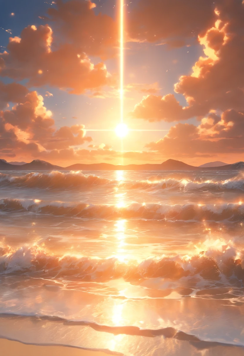 (((beach with sun)) best quality, ultra-high resolution, 4K detailed CG, masterpiece, sun, blue sky, sand, ((View from ground to sky))Maori picture style, aesthetic, centered on the screen