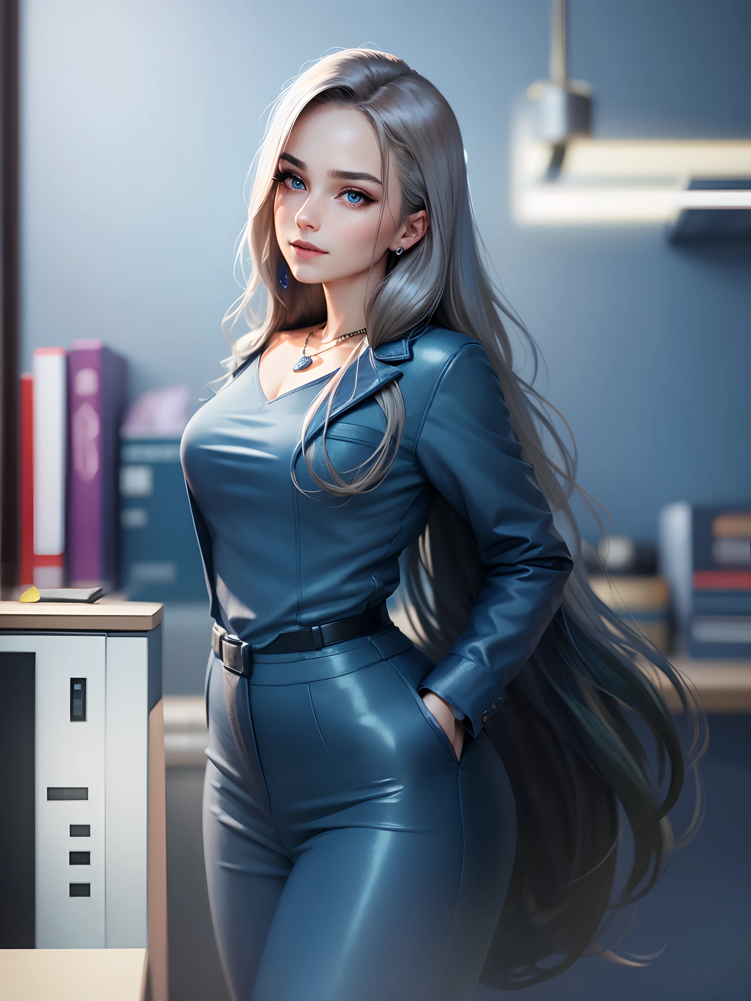 face portrait of 1girl, light long hair, wearing a secretary suit, in an office, (slightly smiling), closeup, (makeup), earring, necklace, detailed eyes, limbal ring, (masterpiece, best quality, high quality), hyperdetailed, highres, high detail, intricate detail, HDR, 8k wallpaper, sharp focus, detailed background, realistic, photorealistic, perfect hands, realistic eyes, detailed skin texture, (blush:0.5), (goosebumps:0.5), subsurface scattering