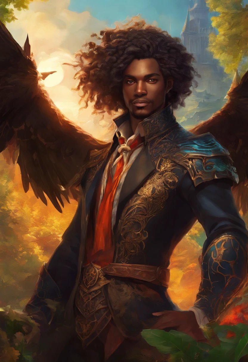 Black Demon wearing a mostly black ensemble featuring a two-tailed high-collared coat with gold lining and an elaborate white frill decorating with a bat emblem on it, making him resemble Castlevania's Alucard. Beautiful Male Black Man with Blue and Orange Details, Large Wings, Forest in the Background, Vibrant Colors, Full Body, Detailed Face, Detailed Hands, Detailed Legs, Detailed Fingers, Detailed Hair, Detailed Eyes, Detailed Skin, Lush Vegetation Blurred Background, Vibrant Colors, Lush Light, Soft Light, Sunset Light, Smooth Light, Symmetrical, Full Body, Reflections, HDR Dynamic Lighting, 8K Resolution, cinematic film, smooth, sharp focus, realistic, strobe light beams, ((blurred background)):1.7, (((depth of field)) ):1.8, cinestill 800t 35mm, high quality, heavy grain, high detail, cinematic composition, dramatic light, anamorphic, ultra wide lens, hyperrealistic