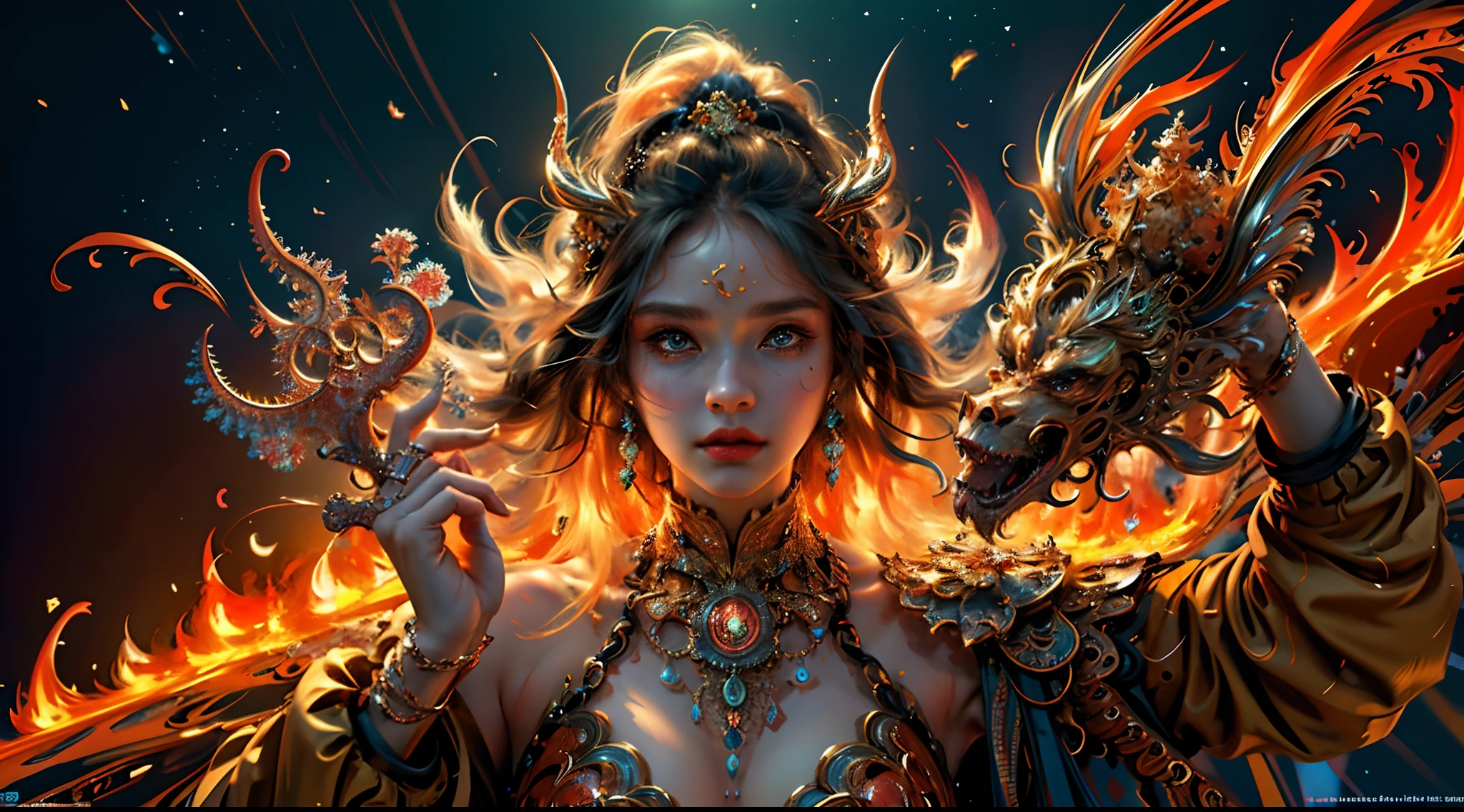 (masterpiece, top quality, best quality, official art, beautiful and aesthetic:1.2), (1girl), extreme detailed,(fractal art:1.3),colorful,highest detailed, goddess, fire