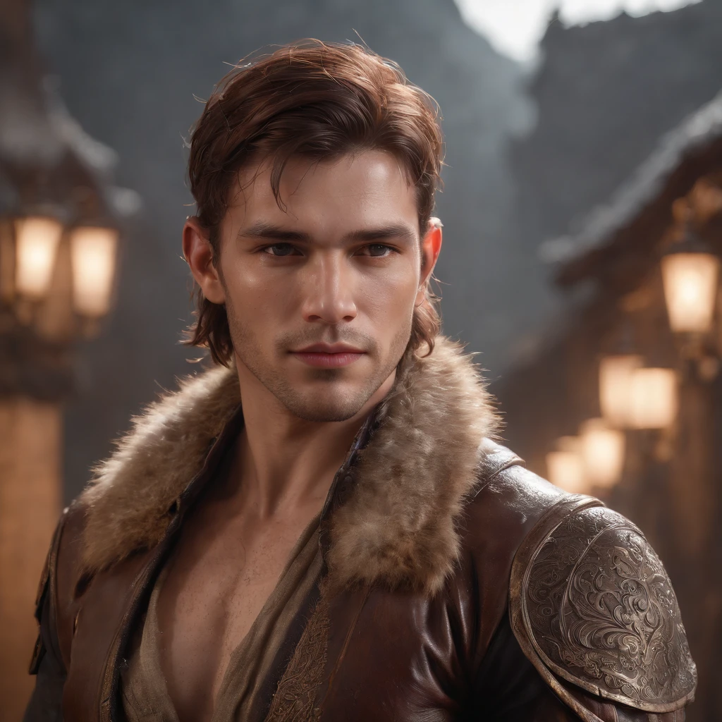 (professional 3d render:1.3) af (Realistic:1.3) most beautiful artwork photo in the world，Features soft and shiny male heroes, ((Epic hero fantasy muscle man rough wet hero angry looking long hair short beard and ferocious expression in dynamic pose, Fantastic location, Majestic cluttered environment)), Full body 8K unified rendering, action  shot, skin pore, very dark lighting, heavyshading, Detailed, Detailed face, (vibrant, photograph realistic, Realistic, Dramatic, Dark, Sharp focus, 8K), (Old leather garments damaged by weathering:1.4), ((((Wear fur)))), (Intricate:1.4), decadent, (Highly detailed:1.4), Digital painting, rendering by octane, art  stations, concept-art, smooth, Sharp focus, illustration, Art germ, (loish:0.23), wlop ilya kuvshinov, and greg rutkowski and alphonse mucha gracias, (Global illumination, Studio light, volumettic light), heavy rain, particles floating, lotr, fantasy, elf, full bodyesbian, ((Dark and ancient city background:1.3)),CGSesociety,art  stations