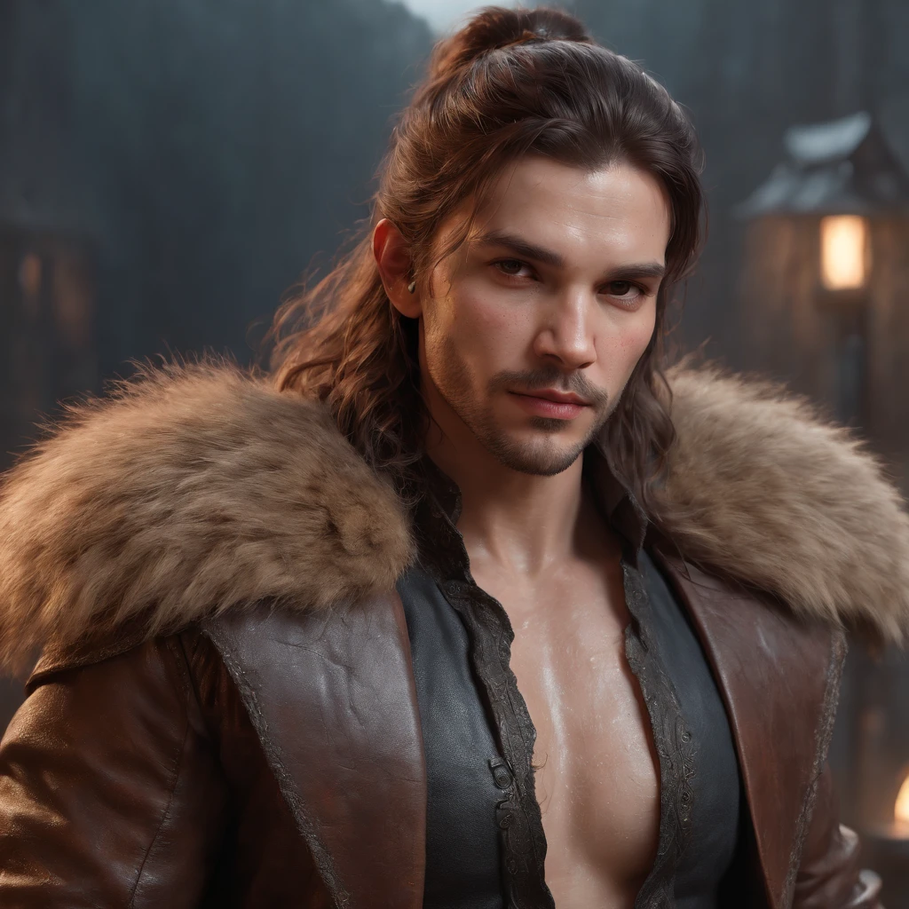(professional 3d render:1.3) af (Realistic:1.3) most beautiful artwork photo in the world,Features soft and shiny male heroes, ((Epic hero fantasy muscle man rough wet hero angry looking long hair short beard and ferocious expression in dynamic pose, Fantastic location, Majestic cluttered environment)), Full body 8K unified rendering, action shot, skin pore, very dark lighting, heavyshading, Detailed, Detailed face, (vibrant, photograph realistic, Realistic, Dramatic, Dark, Sharp focus, 8K), (Old leather garments damaged by weathering:1.4), ((((Wear fur)))), (Intricate:1.4), decadent, (Highly detailed:1.4), Digital painting, rendering by octane, art stations, concept-art, smooth, Sharp focus, illustration, Art germ, (loish:0.23), wlop ilya kuvshinov, and greg rutkowski and alphonse mucha gracias, (Global illumination, Studio light, volumettic light), heavy rain, particles floating, lotr, fantasy, elf, full bodyesbian, ((Dark and ancient city background:1.3)),CGSesociety,art stations
