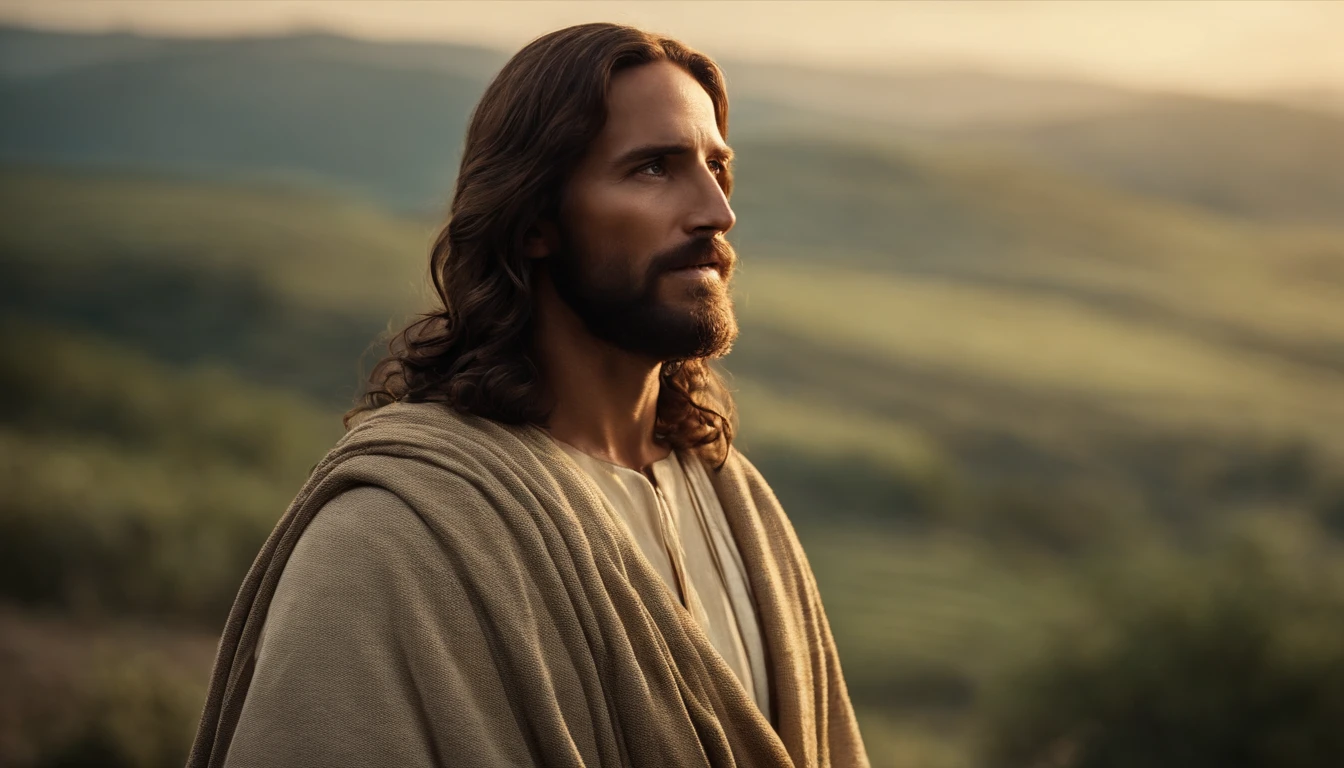 Jesus Cristo orando de joelhos ao amanhecer., Ultra HD | | | | |, Realistic, vivid colors, altamente detalhado, Desenho UHD, caneta e tinta, perfect composition, Beautiful insanely detailed octane rendering Trend in ArtStation, 8k artistic photography, arte conceitual fotorrealista,