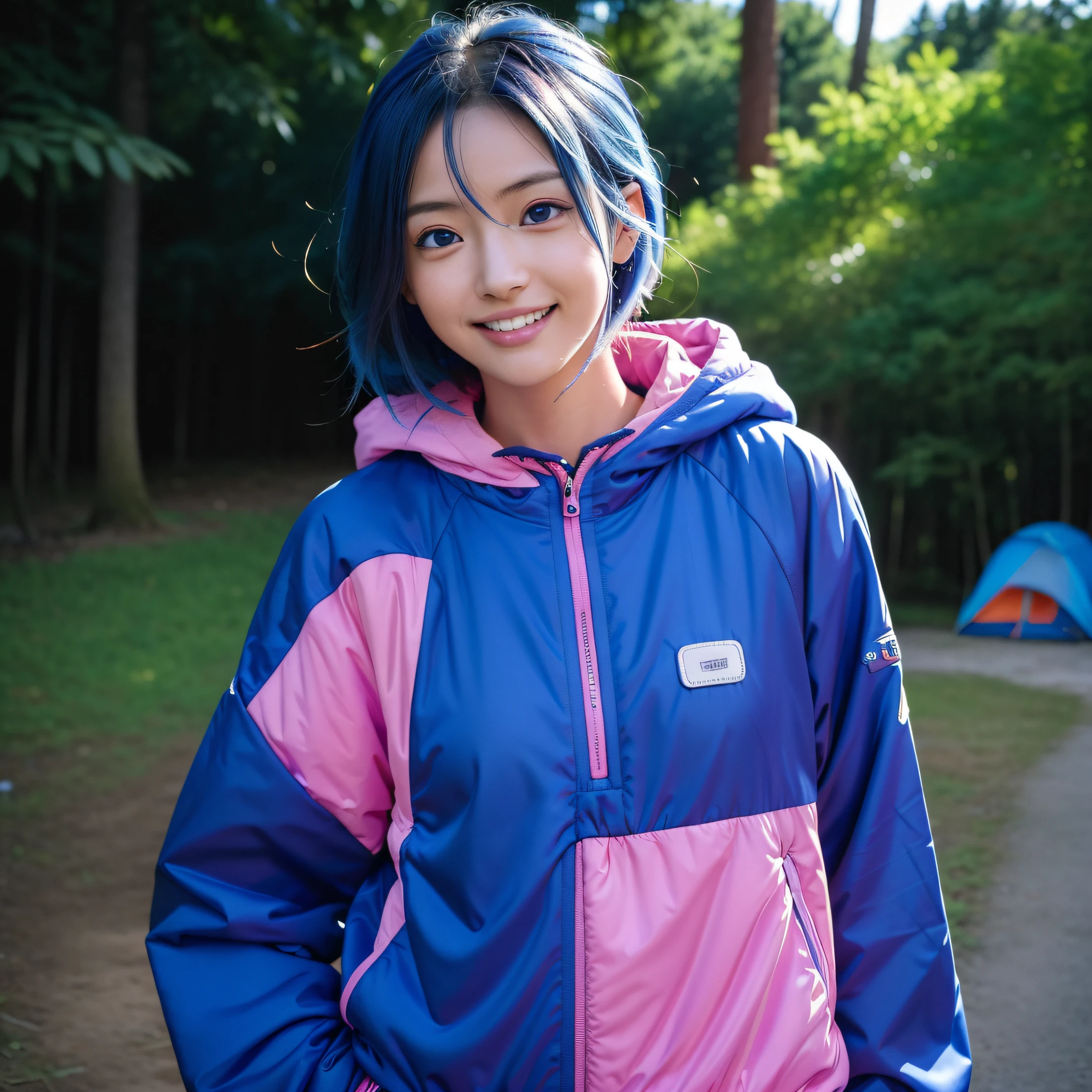 (masutepiece, Best Quality, hight resolution:1.4), 1人,japanes,femele,,Outdoor clothing,Brightly colored clothing,blue hair,Eye color purple,The upper part of the body,Facing the front,The background is a campsite,a smile,