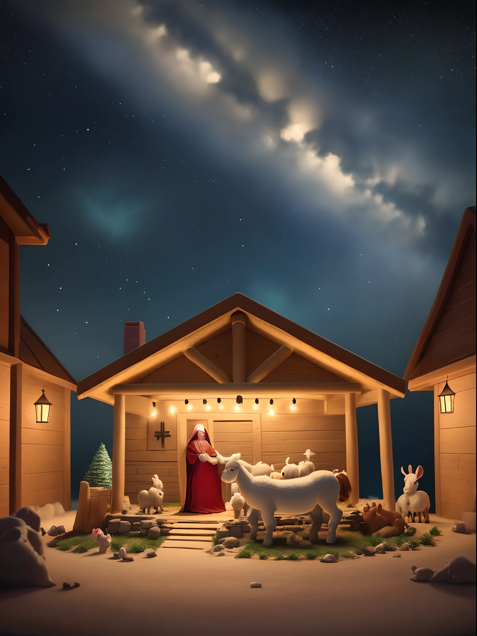 Create a 3D Disney-style rendering of the Nativity scene in Bethlehem, featuring Jesus in a beautifully detailed manger, surrounded by Mary and Joseph with a warm and loving expression. The stable should be set against a starry night sky with a gentle, peaceful ambiance. Include friendly animals like lambs, doves, and perhaps a donkey, all with endearing Disney-style expressions. The scene should evoke a sense of wonder and serenity, capturing the magic of the moment."