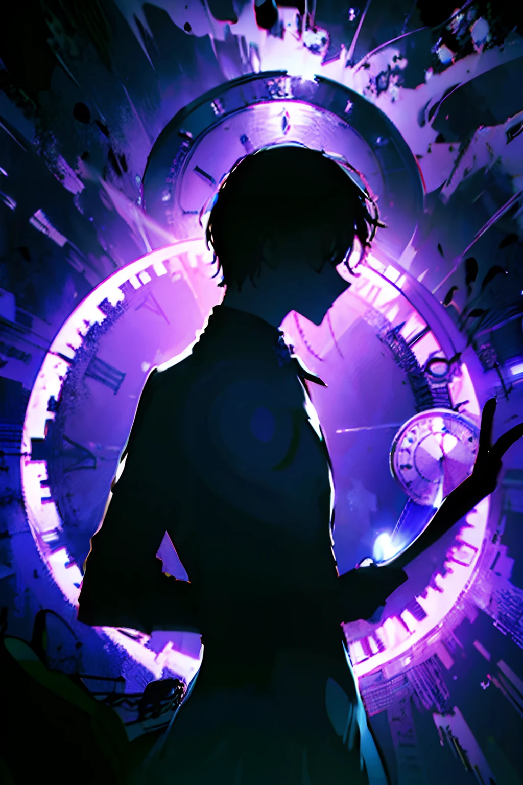 (best quality, high resolution, ultra-detailed, realistic: 1.37), silhouette of a man holding a striking pocket watch, surrounded by darkness and clocks, illustrative rendering, intricate details, mysterious atmosphere, vibrant colors, dynamic lighting, style Gothic