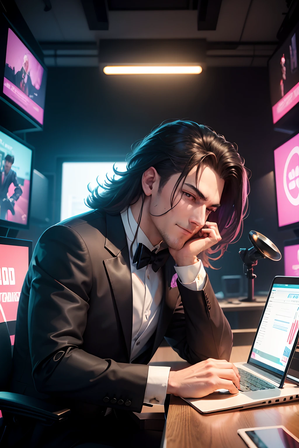 headshot, large background above mans head , animated man in formal clothing sitting on a desk in front of a laptop like a podcast setup, feel happy, digital cyberpunk anime art. the background is a large studio that is engaging and eye catching