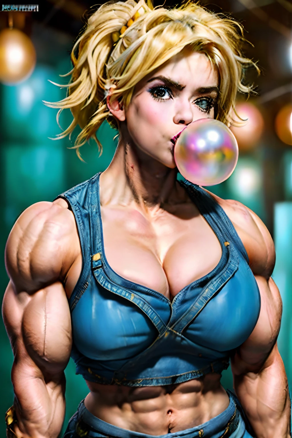 billie eilish, bimbo, absolutely gorgeous woman, Latina, perfect body, amazon, flawless, bodybuilder, ripped, very defined, blow bubble gum!!!, massive bubblegum bubbles, goddess, very muscular, gigantic, oversized breasts, gigantic breasts larger than her head, wide, large, hulking, beefy, big fat thick lips, sexy, incredible, amazing, massive boobs, hairless arms, gym background, silk kimono and long denim skirt