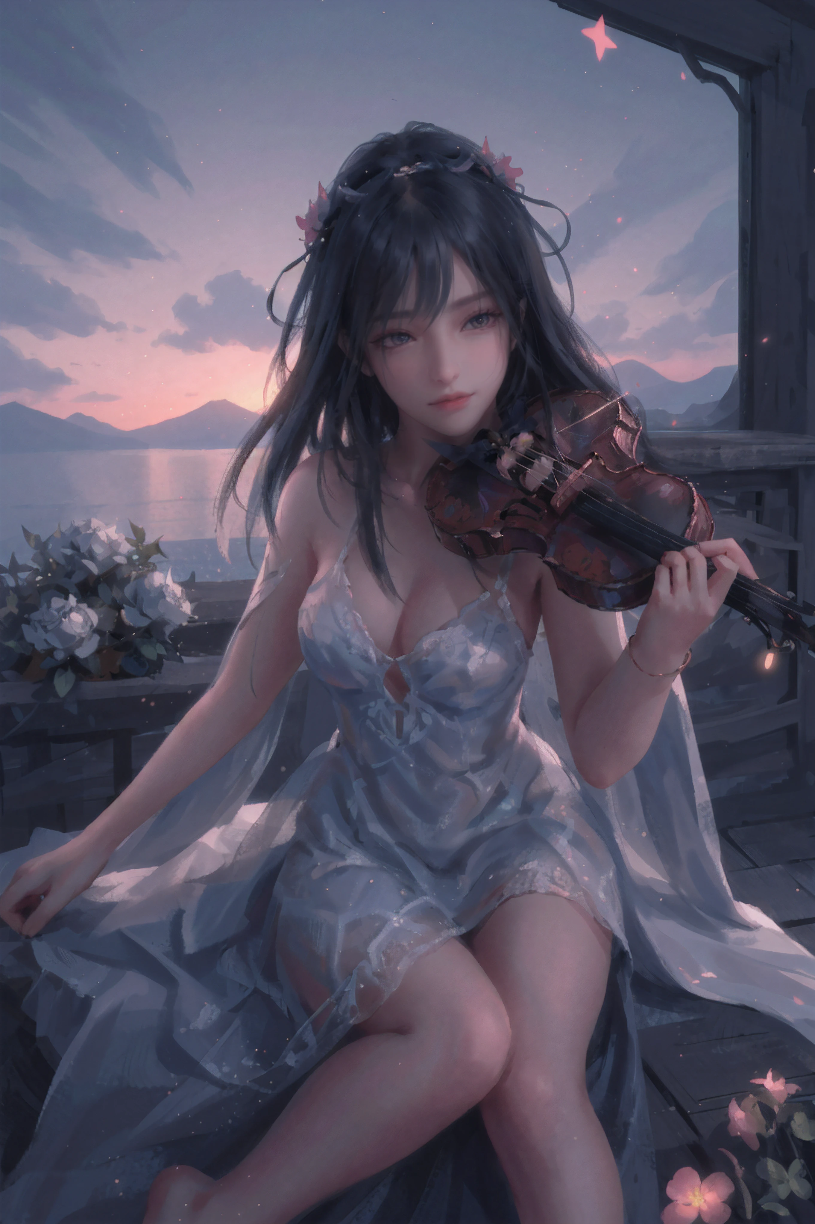 Raw, cinematic shot, (sharp focus:1.5), (photorealistic:1.4), twilight lighting, volumetric lighting, ultra high res, 16K,dramatic lighting, 1girl, solo, long hair, violin, instrument, black eyes, dress, white dress, white hair, looking at viewer, light particles, closed mouth, indoors, jewelry, sleeveless, bare shoulders, bangs, head tilt, black rose, beautiful detailed eyes, detailed background, amanhecer, cloud, flower, sky, scenery, day, grass, outdoors, blue_sky, field, cloudy_sky, horizon, hydrangea, water, ocean, mountain, blue_flower, flower_field, bird, The black bow on the head, qingsha, plyaing violin, harp, sole, foot focus, violin,