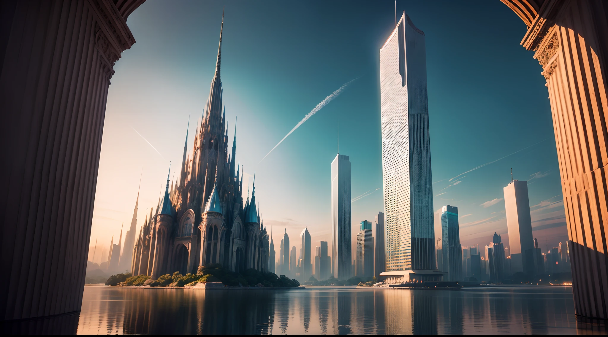 (best quality,4k,8k,highres,masterpiece:1.2),ultra-detailed,(realistic,photorealistic,photo-realistic:1.37),huge castles,skyscrapers floating in the sky,utopia,top quality fantasy,cyberpunk isekai,giants waterfall,mother nature,unimaginable,unbelievable,virtual reality,oasis of serenity,colorful neon lights,futuristic technology,vibrant cityscape,awe-inspiring architecture,unlimited possibilities,mesmerizing view,ethereal atmosphere,enchanting environment,majestic structures,thousands of feet high,sparkling clear water,breathtaking scenery,transcendent beauty,surreal landscape,architectural marvels,wonder of nature,harmony between man and nature,limitless imagination,urban paradise,dream-like setting,unrealistically magnificent,picture-perfect moments,serene tranquility,spellbinding aesthetic,awe-inducing skyline
